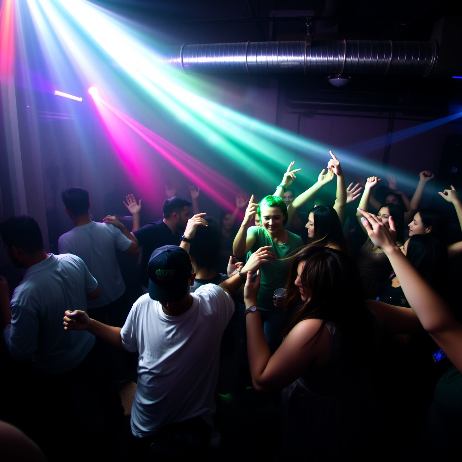 A high-energy dance party in an urban warehouse with swirling lights and joyful dancers.