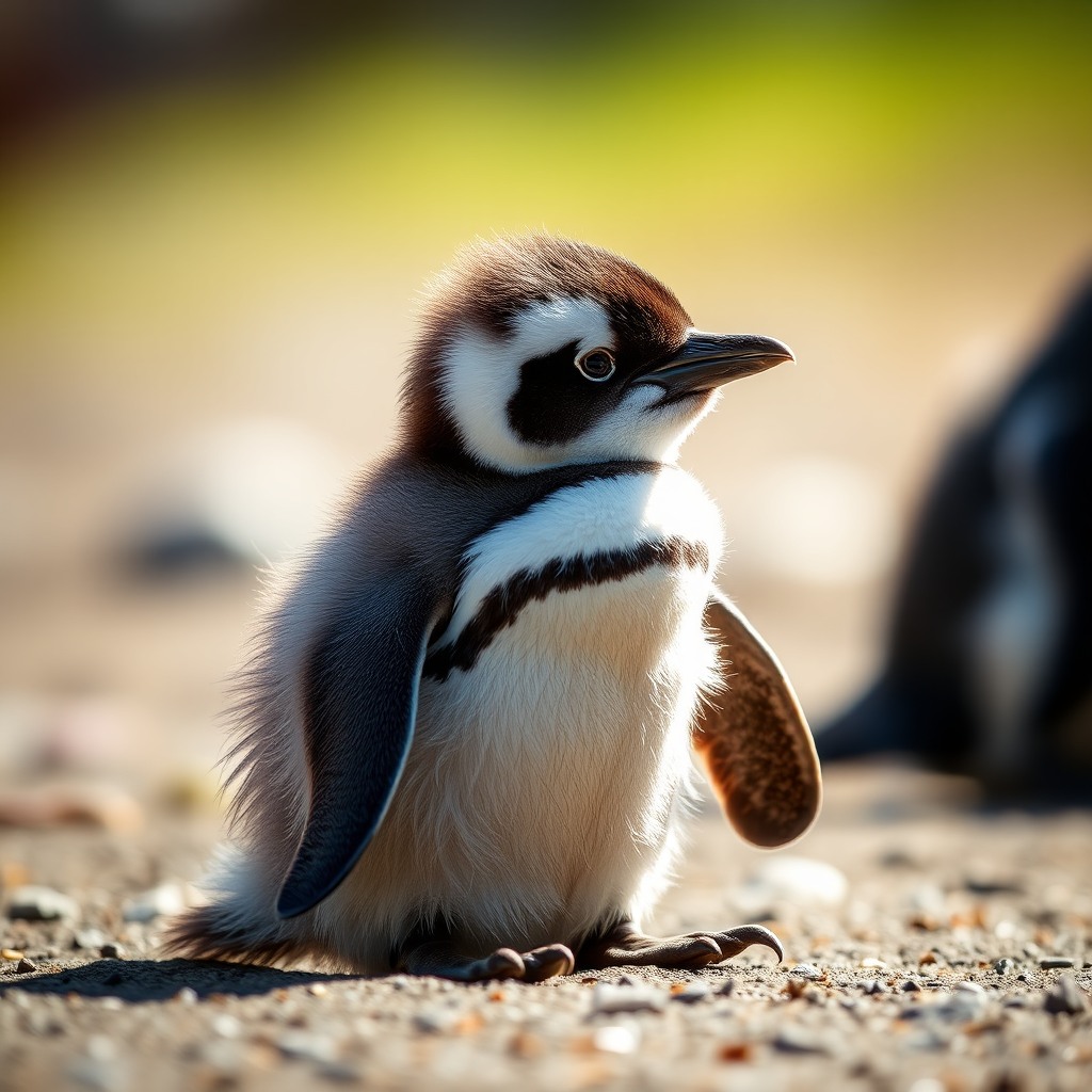 baby penguin, soft natural daylight, shallow depth of field