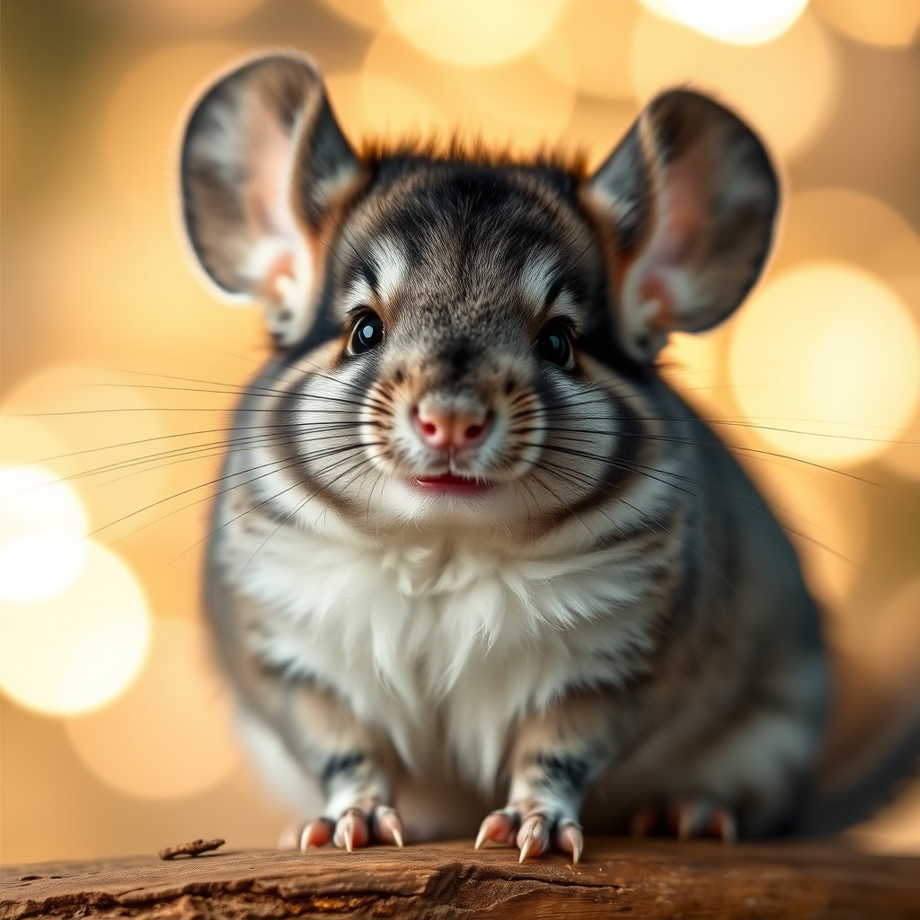 playful chinchilla, bokeh background, whimsical cute style
