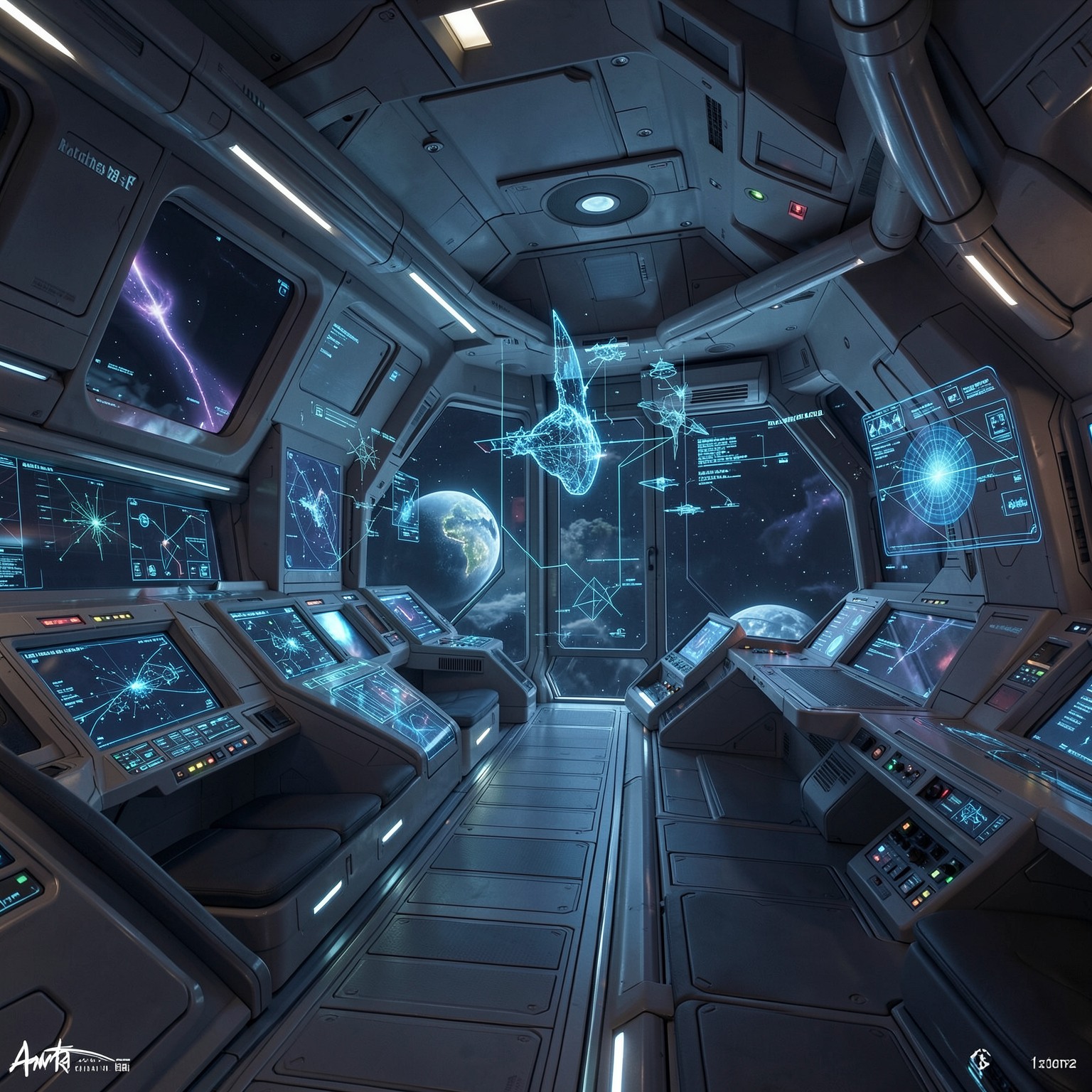 futuristic spaceship interior with holograms