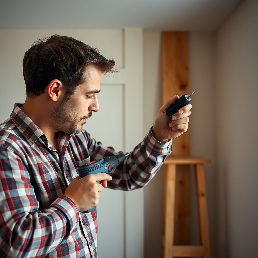 Photo-realistic editorial photography, realistic scene representing a man using power drill during home renovation, sharp focus
