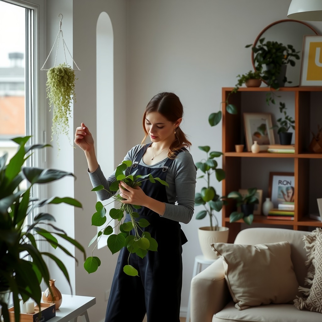 Photo-realistic editorial photography, realistic scene representing a woman arranging plants in apartment