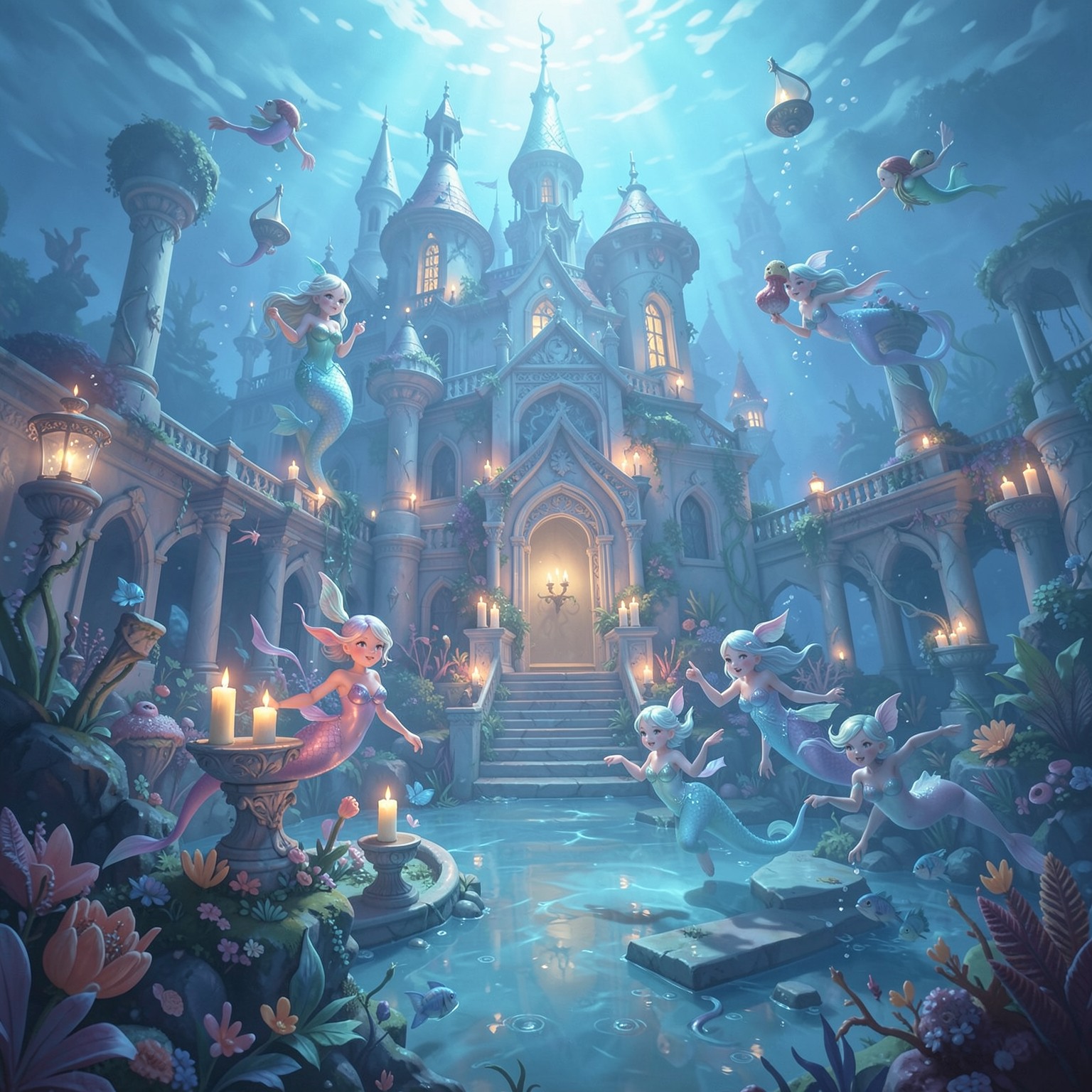 Dreamy underwater palace with floating candles and mermaids