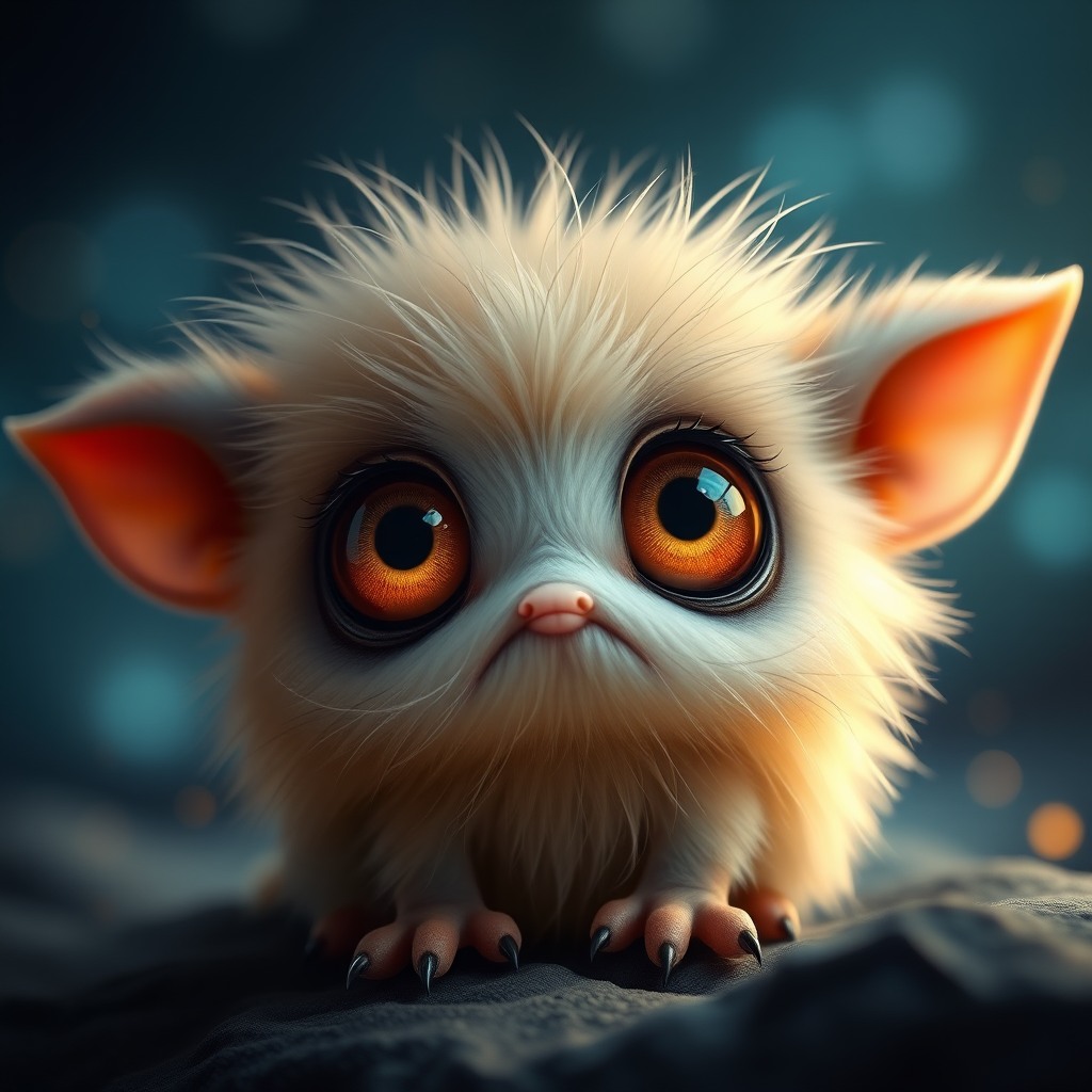 cute fantasy creature, big eyes, soft fur, whimsical lighting