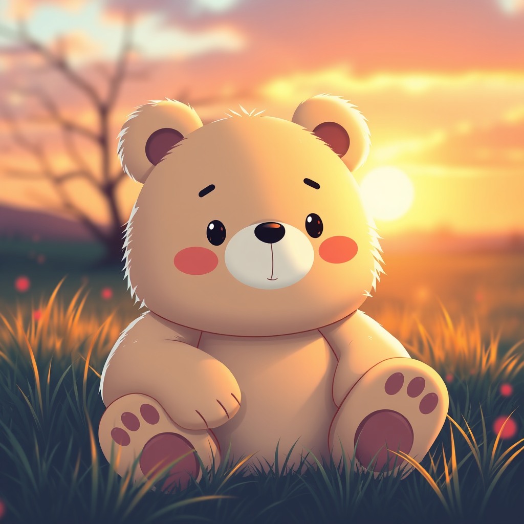 chubby bear, golden hour light, kawaii aesthetic