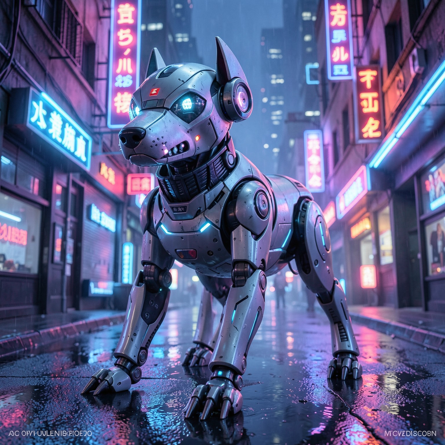 futuristic robot dog in neon streets