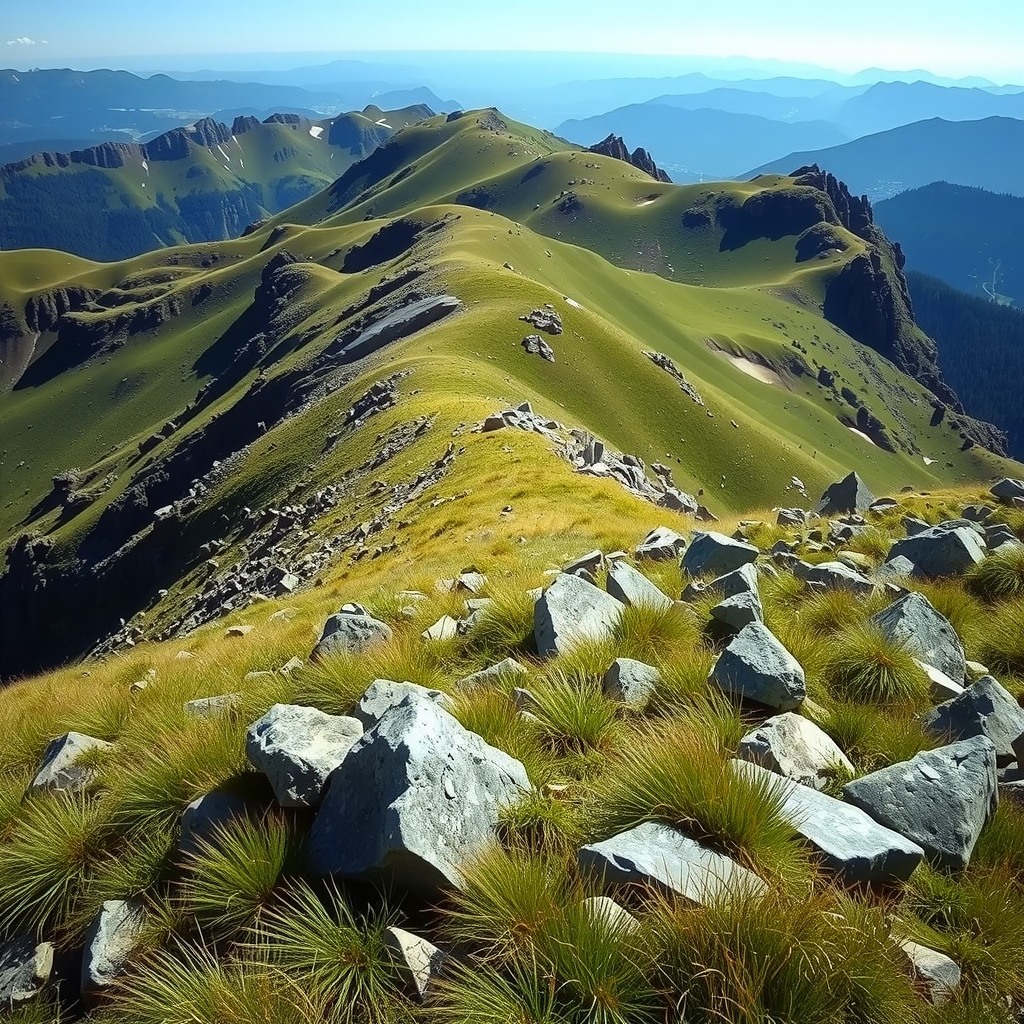 Photo-realistic scene of a green mountain plateau with scattered rocks and wild grass, clear visibility