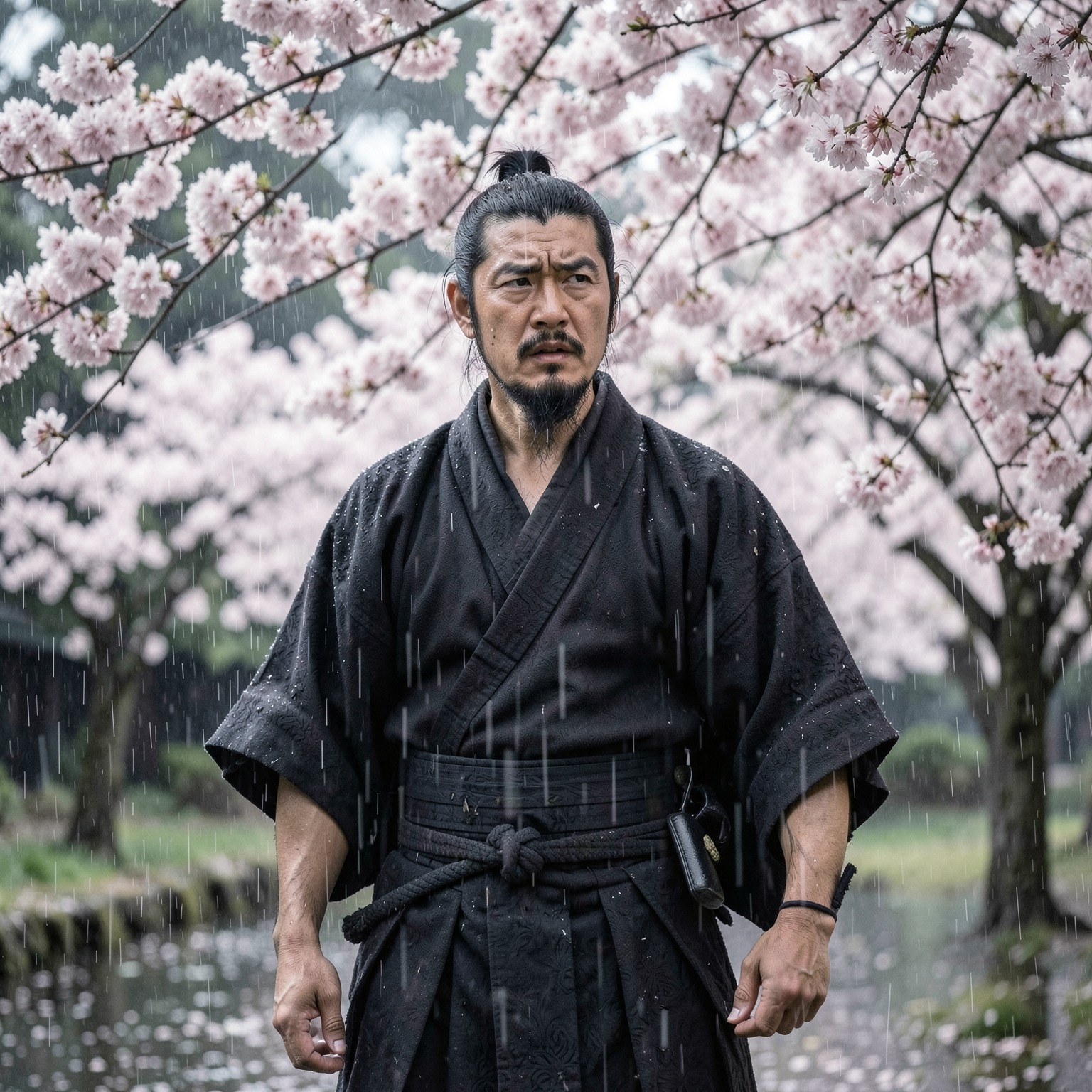 realistic samurai standing under cherry blossoms in the rain