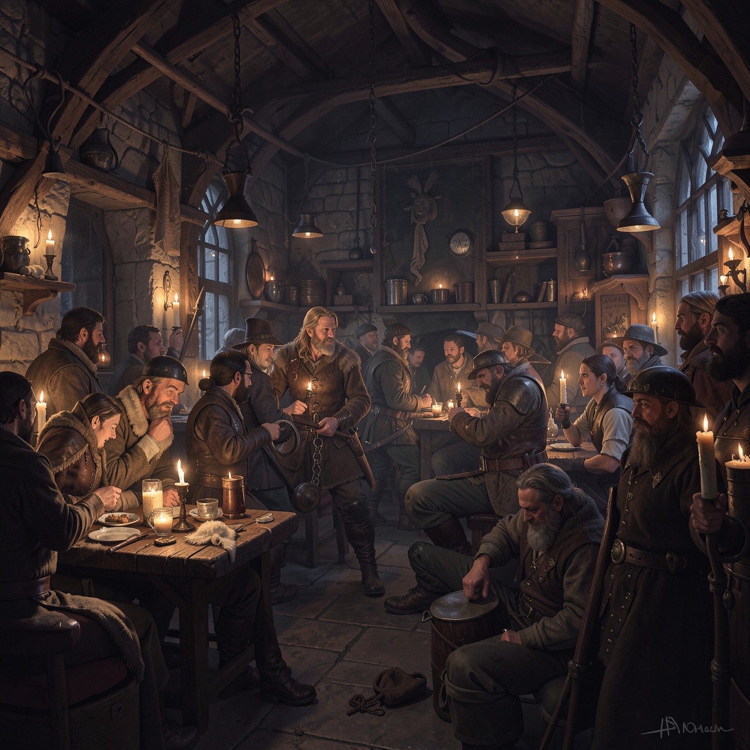 medieval tavern interior full of adventurers and candles
