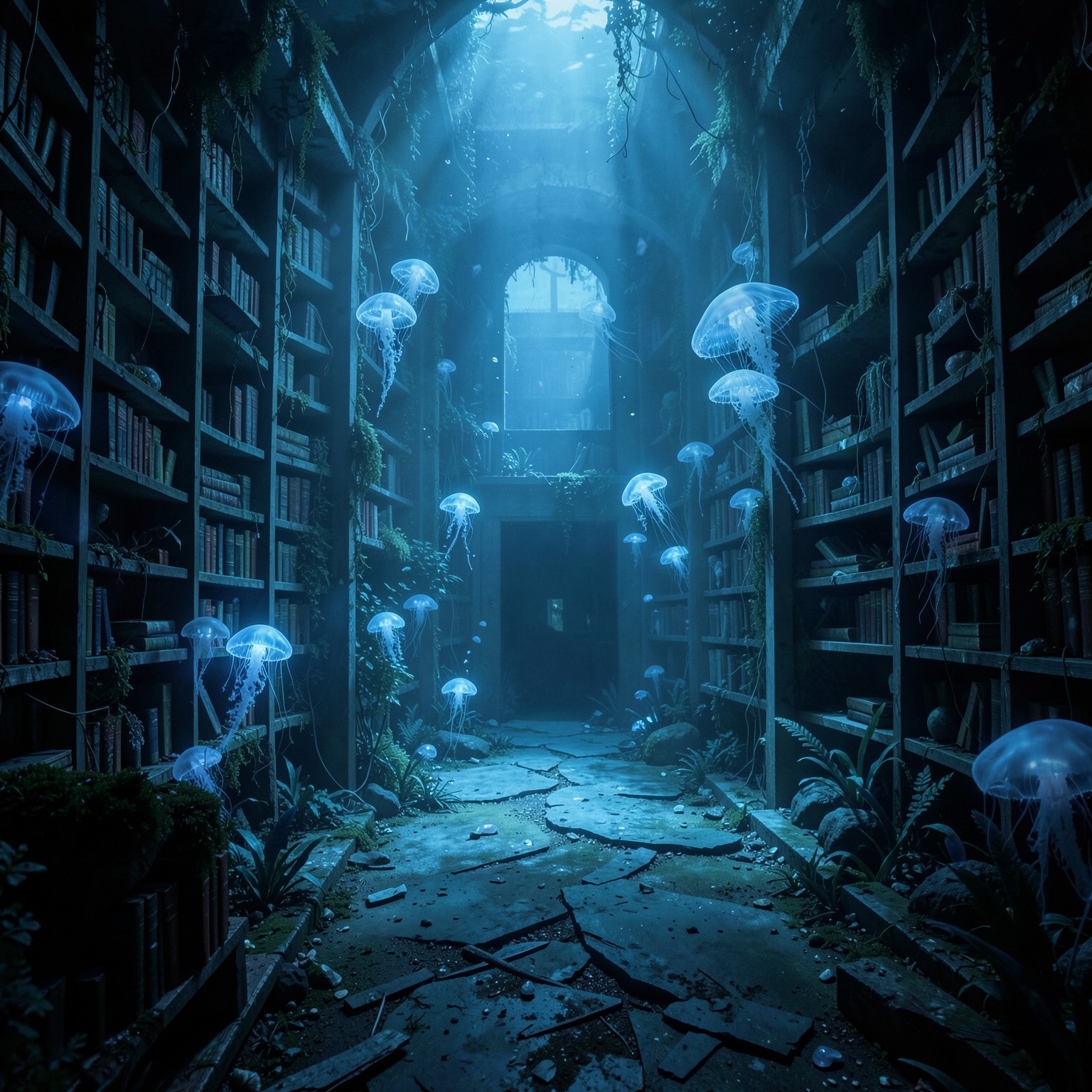 Abandoned underwater library with glowing jellyfish, mysterious blue lighting, ultra realistic