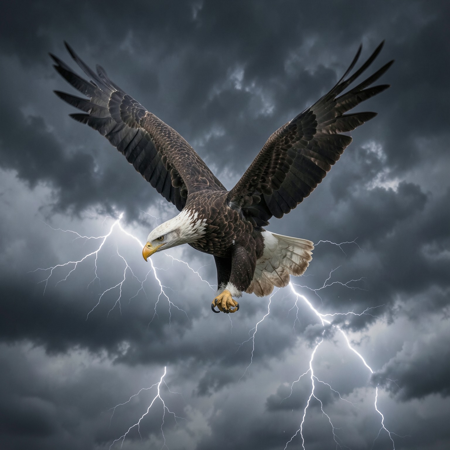 realistic eagle flying through storm clouds