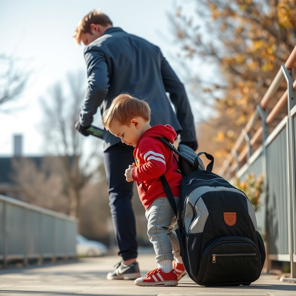 Photo-realistic editorial photography, realistic scene representing parents helping child pack school backpack