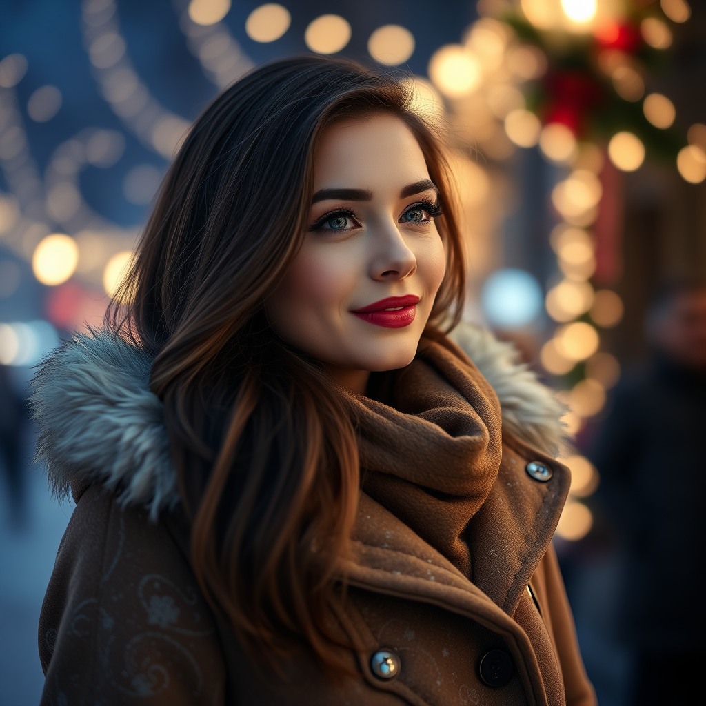 beautiful woman in winter coat, christmas lights bokeh, photorealistic portrait