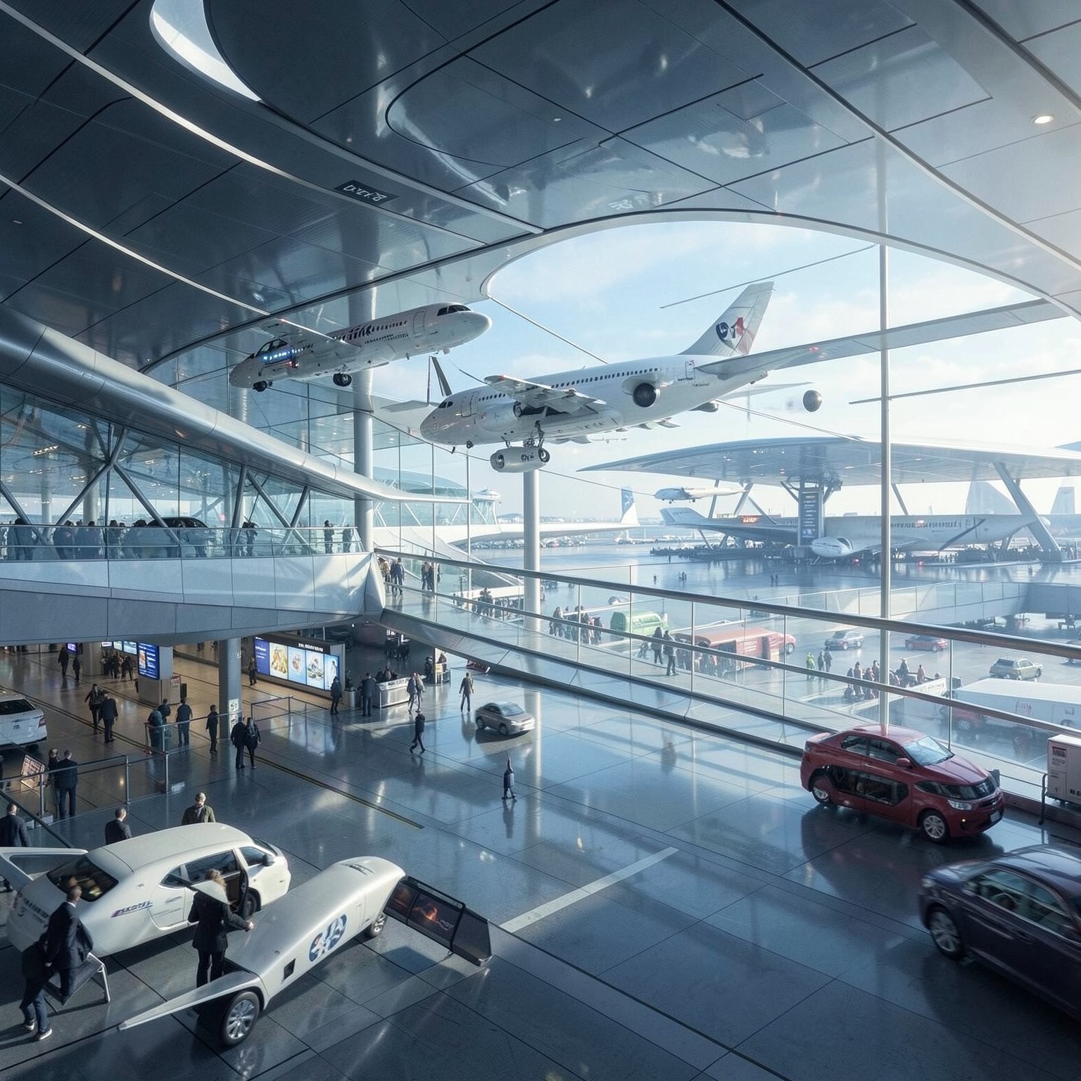 Futuristic airport with flying cars