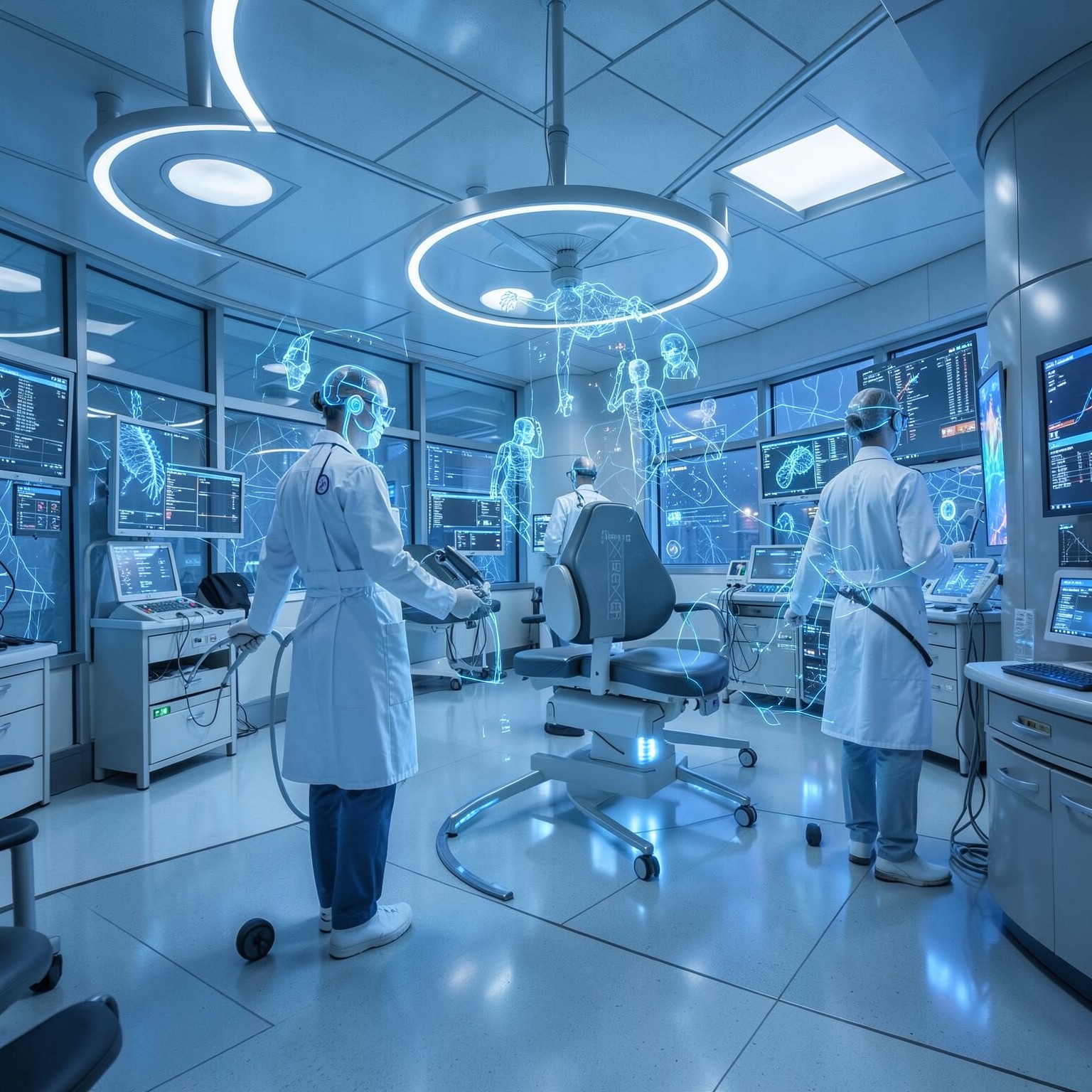 Futuristic hospital with AI doctors and holograms