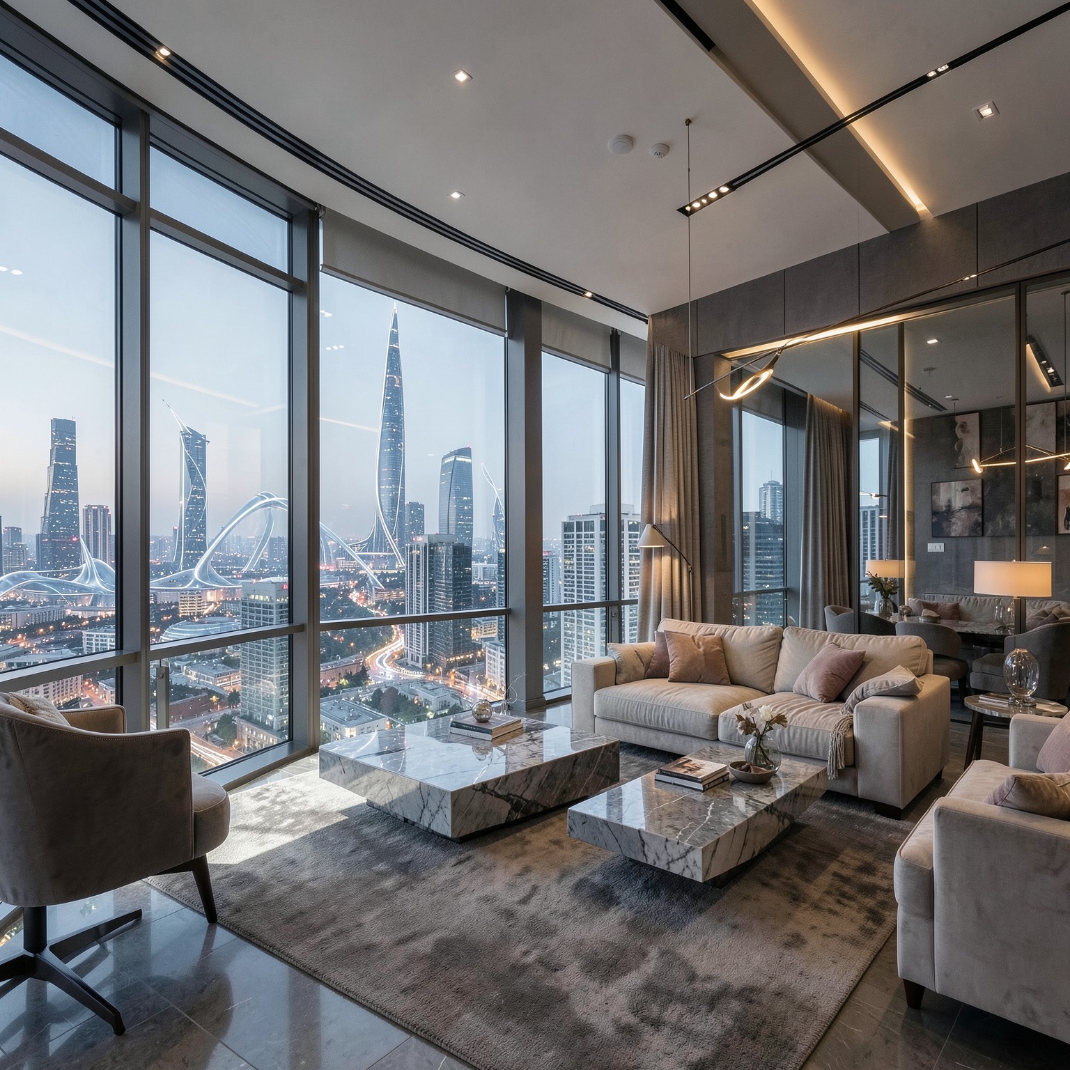 luxury penthouse interior overlooking futuristic city, photorealistic, architectural digest style, ultra detailed