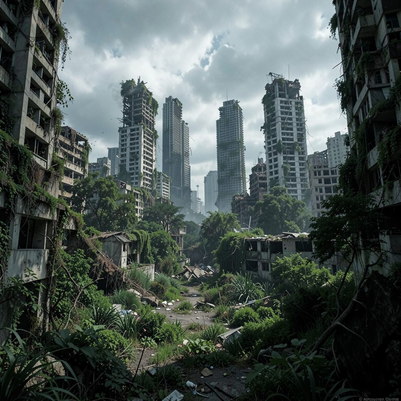 post-apocalyptic city with overgrown vegetation and destroyed skyscrapers