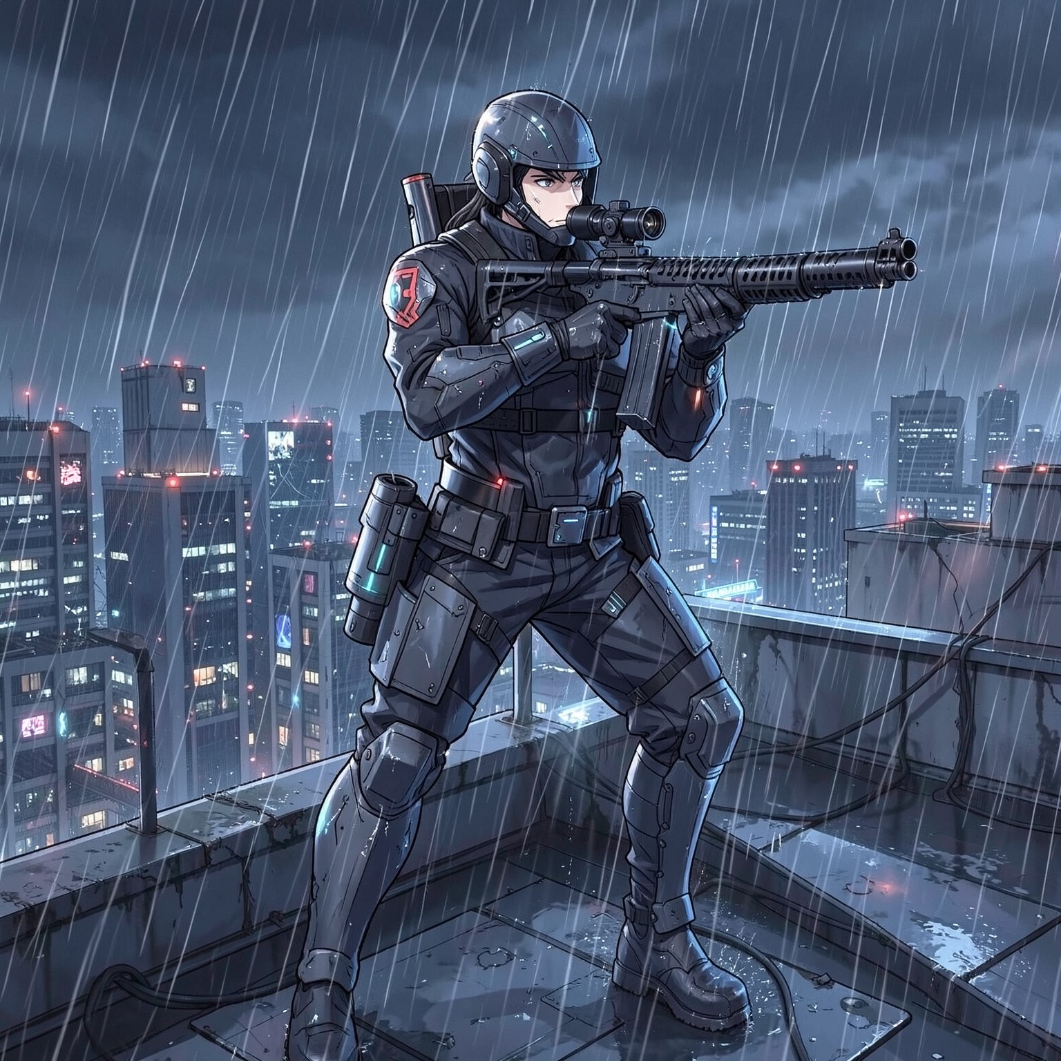 anime cyberpunk sniper on rooftop during rain