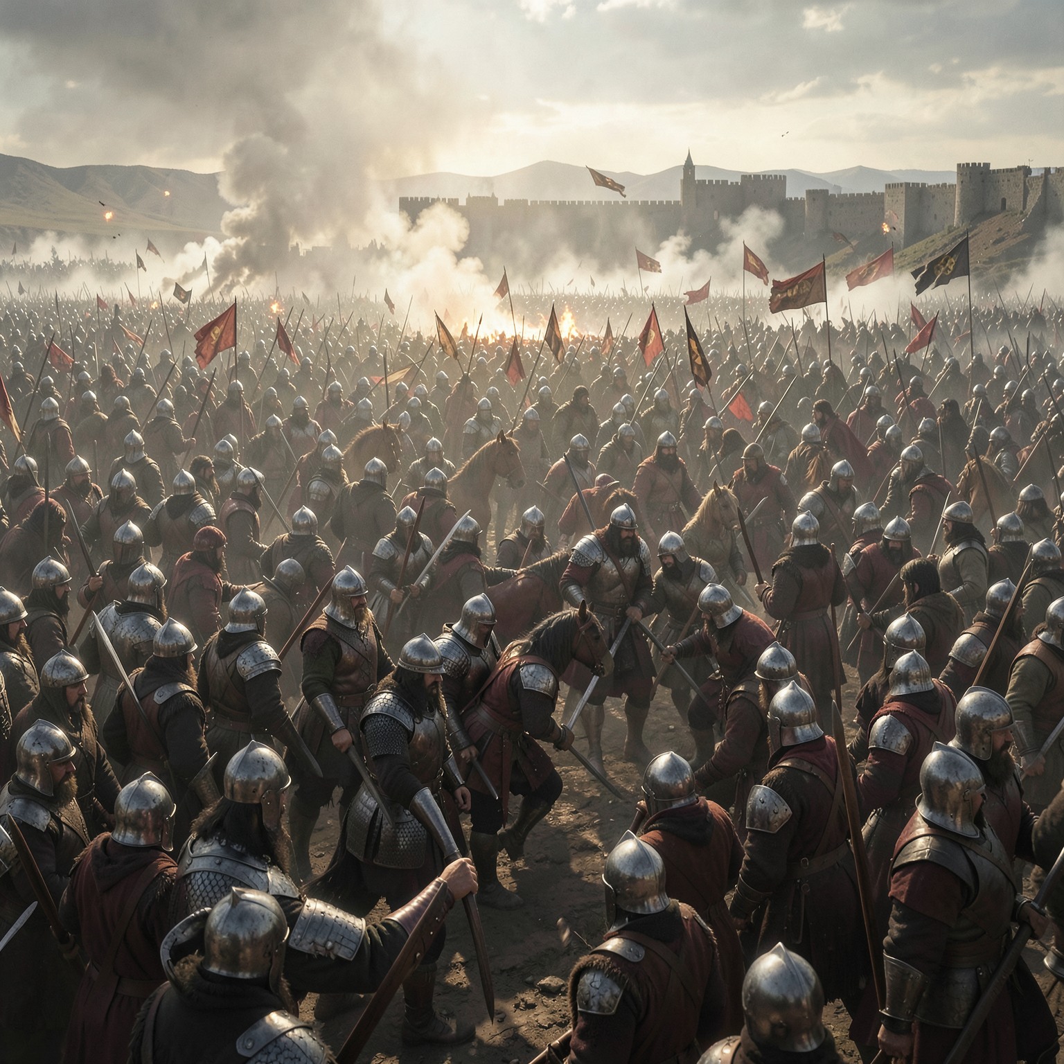 Medieval battlefield with thousands of soldiers, epic cinematic scene