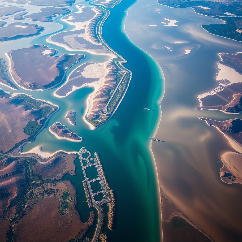 Realistic photograph of a wide river delta with shallow water patterns, aerial composition