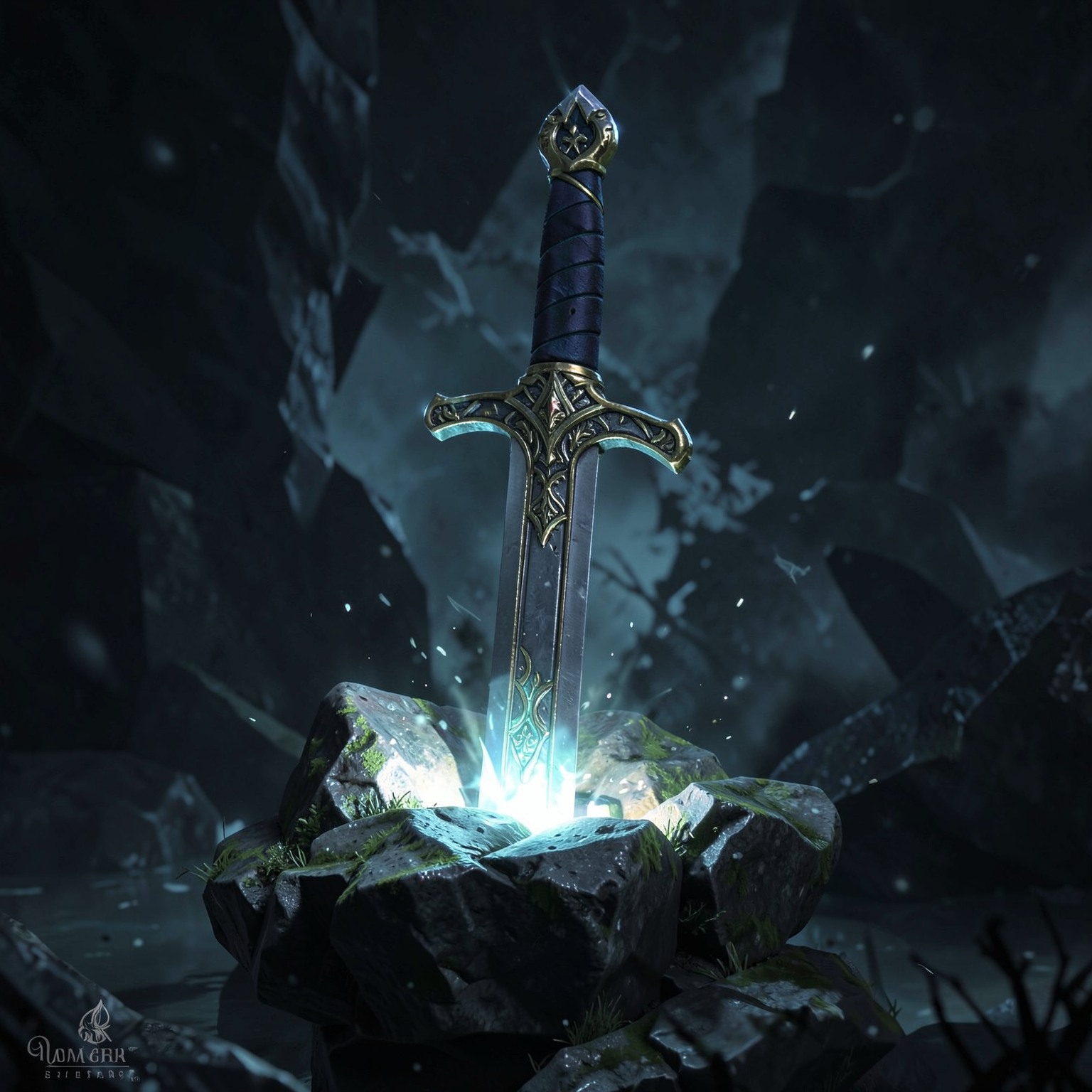 ultra detailed fantasy sword stuck in glowing stone