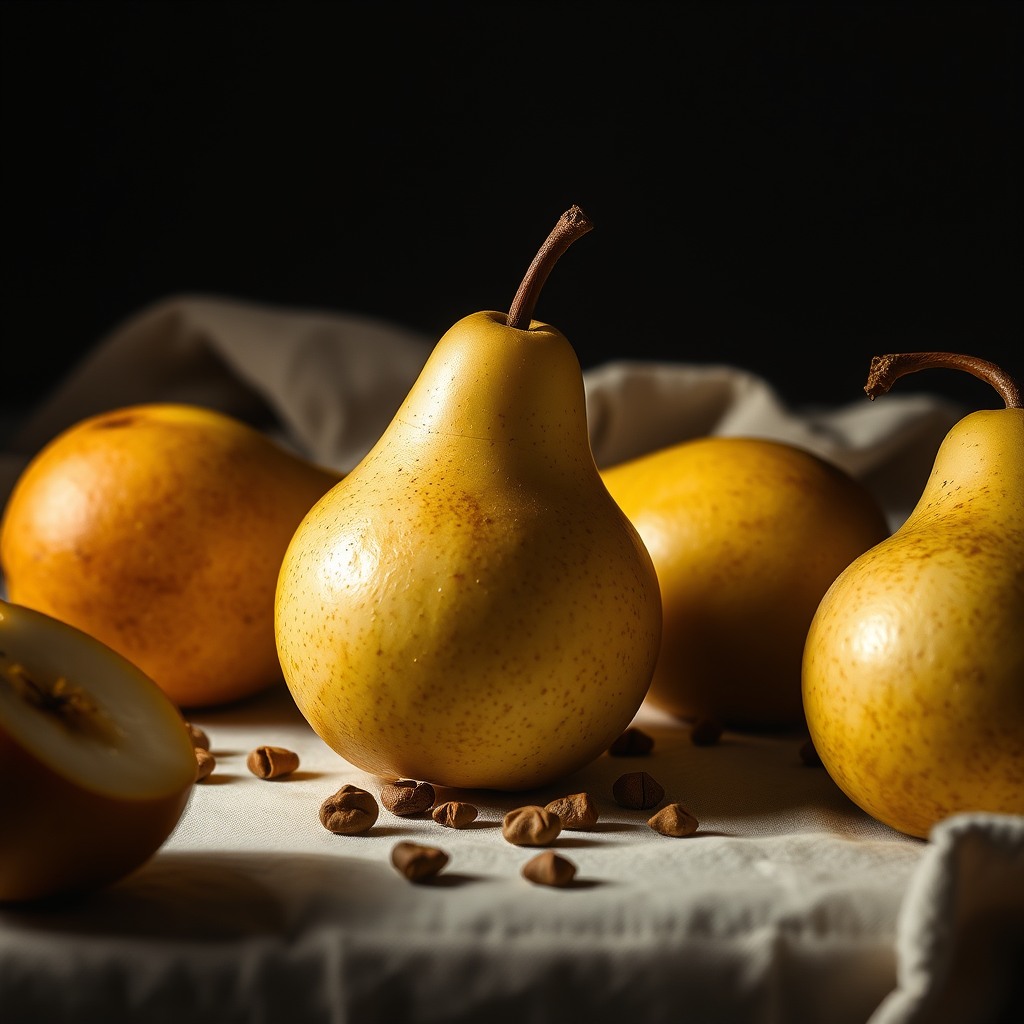 pear still life, renaissance lighting, artistic food composition