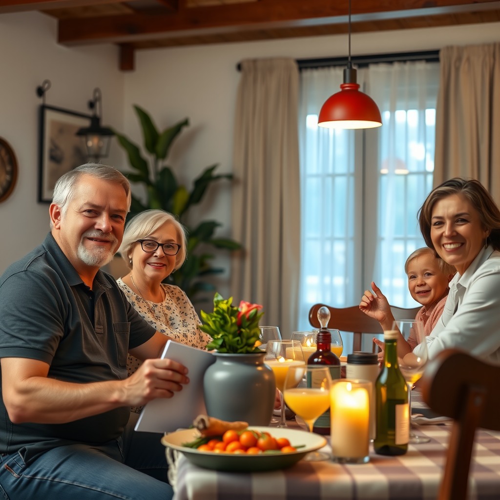 Photo-realistic editorial photography, realistic scene representing a family sitting together after dinner