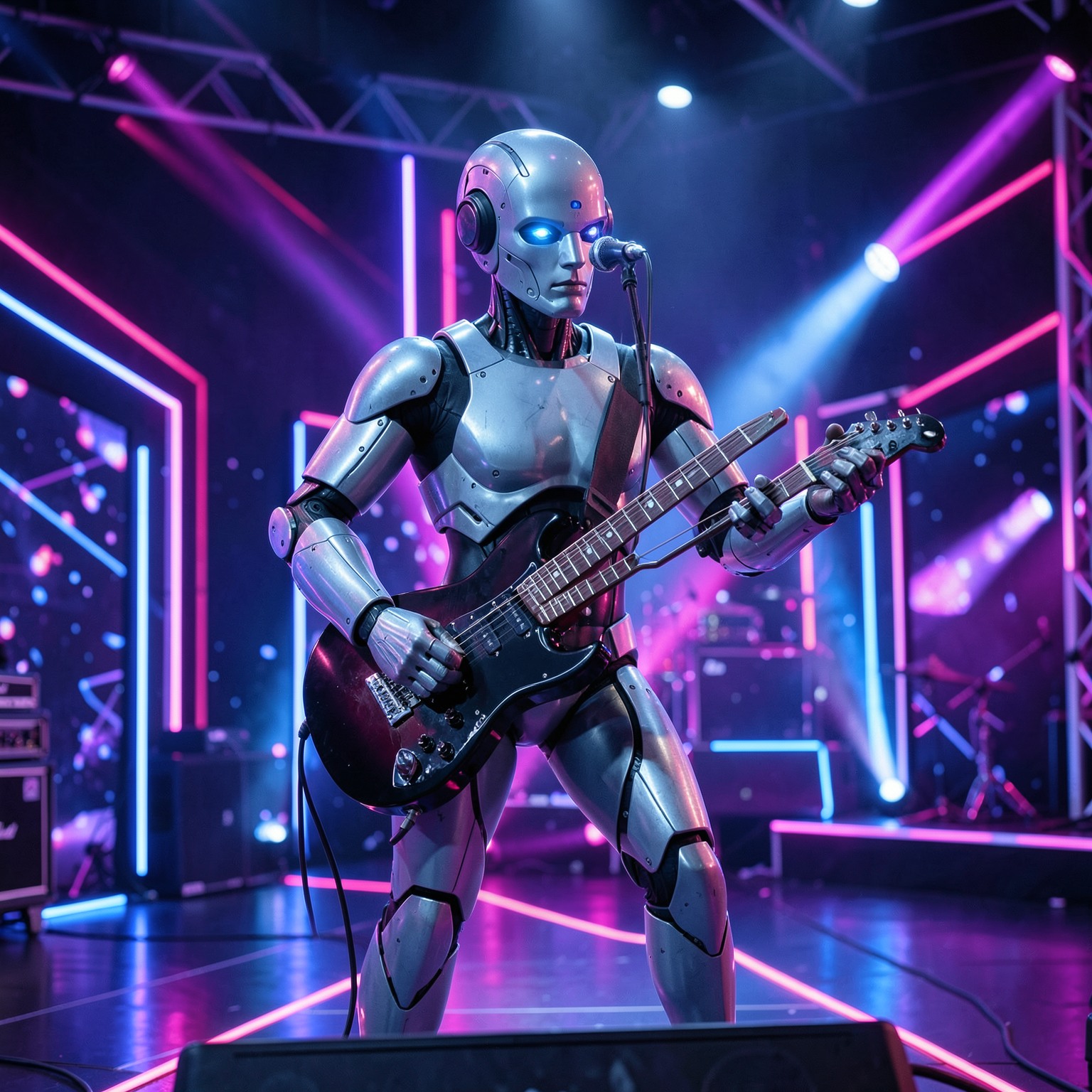 AI robot musician performing on neon stage