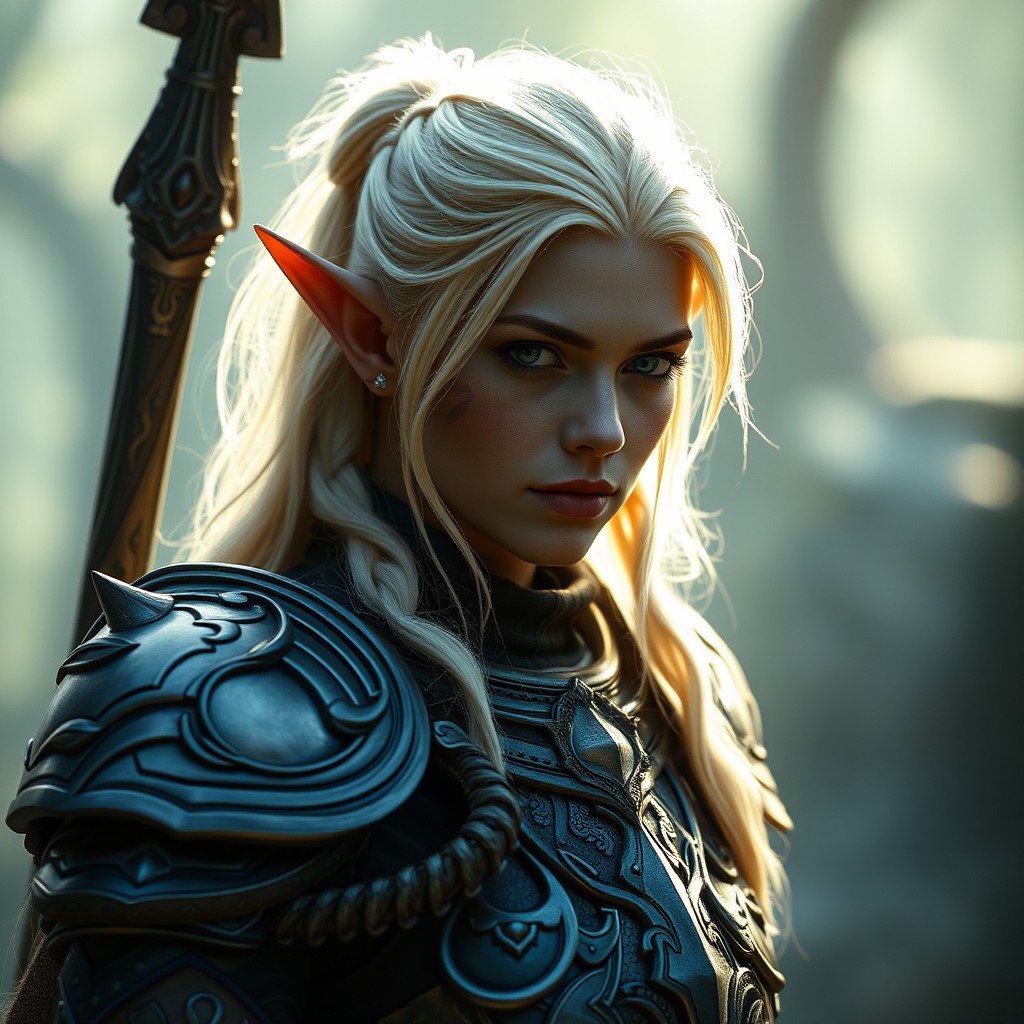 beautiful fantasy elf warrior, intricate armor, soft magical light, cinematic portrait