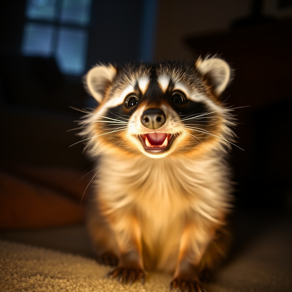 playful raccoon, cozy indoor light, cinematic cute look