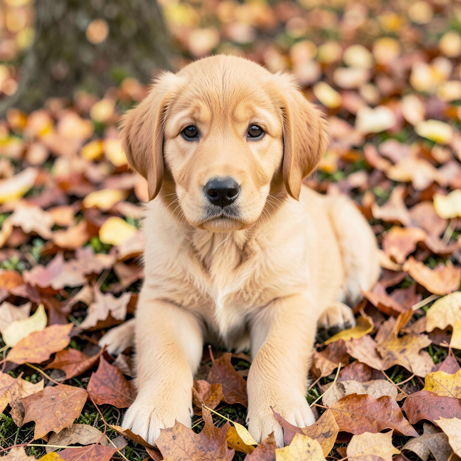 realistic golden retriever puppy in autumn leaves
