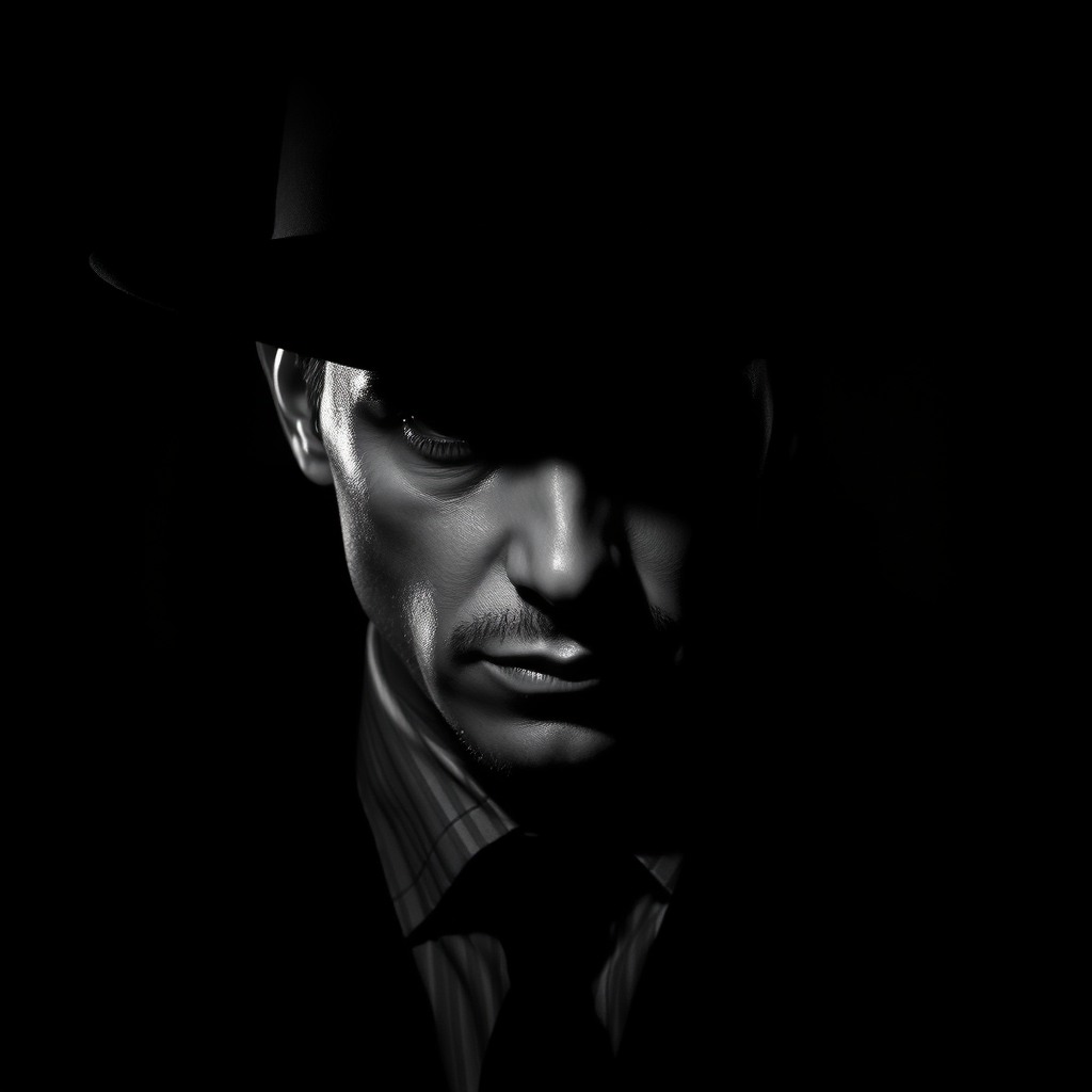 moody noir detective portrait, black and white, hard shadows, cinematic composition