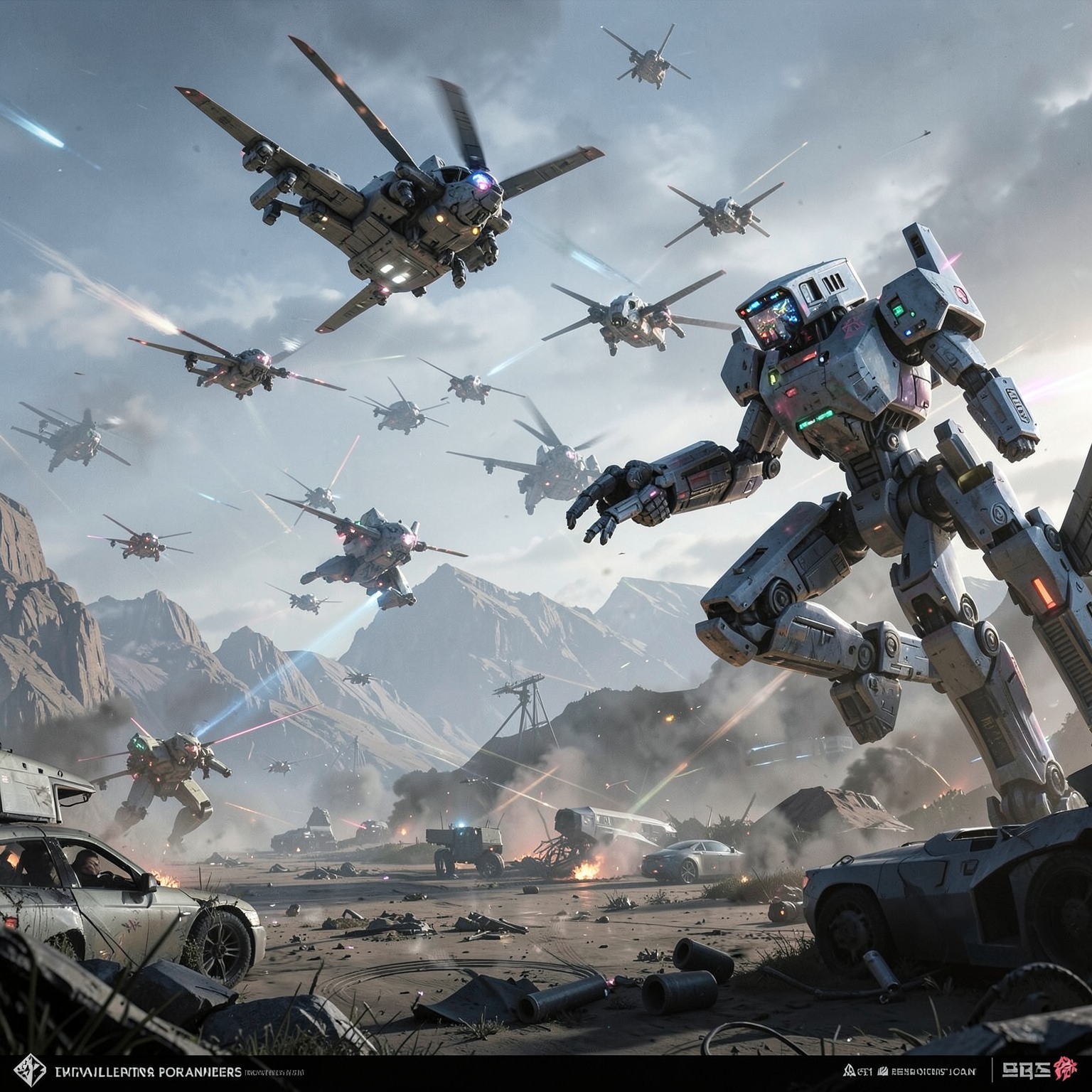 Futuristic battlefield with drones and mechs