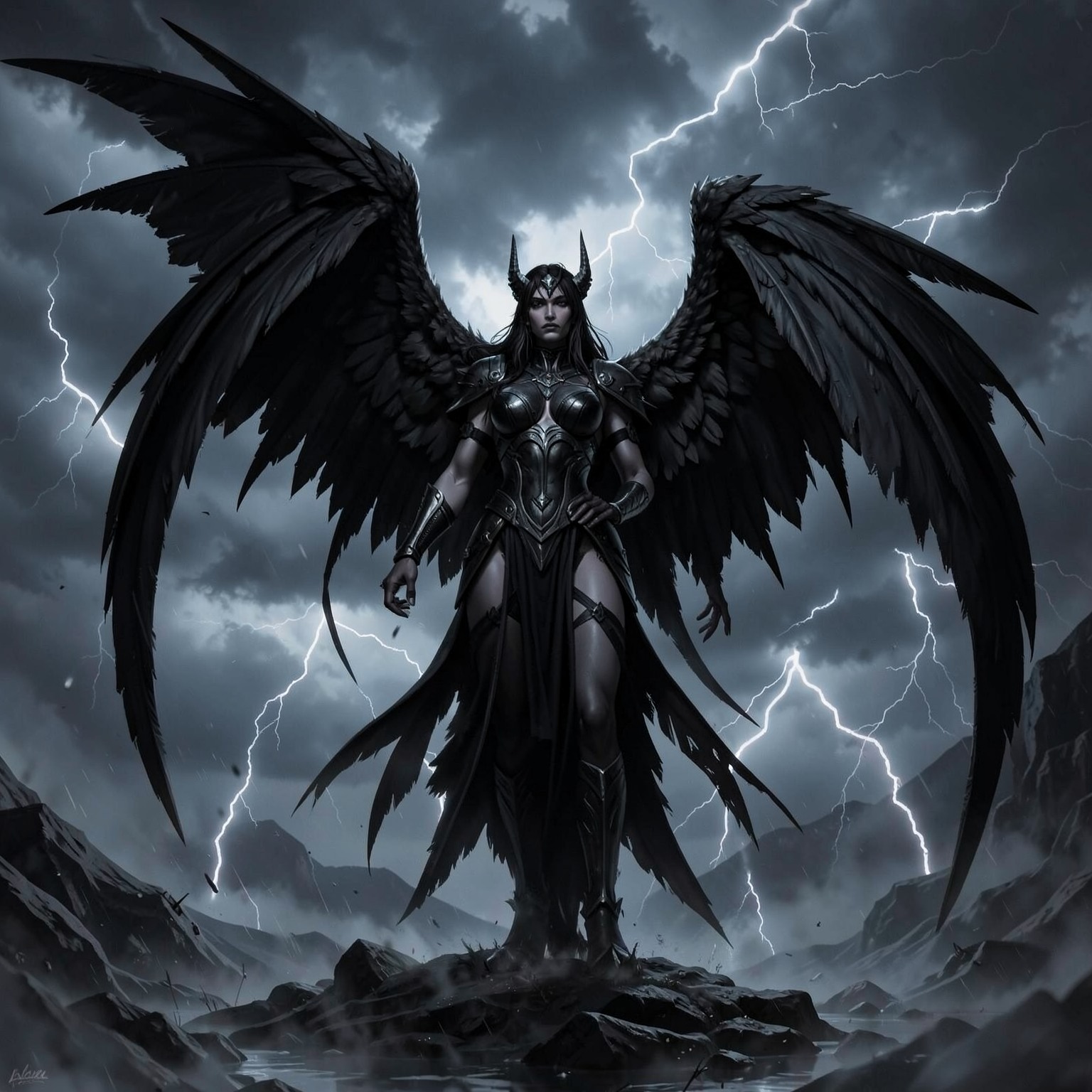 dark angel with giant black wings standing in storm