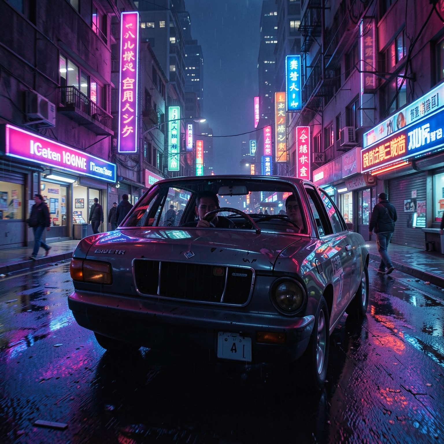Cyberpunk taxi driving through neon streets
