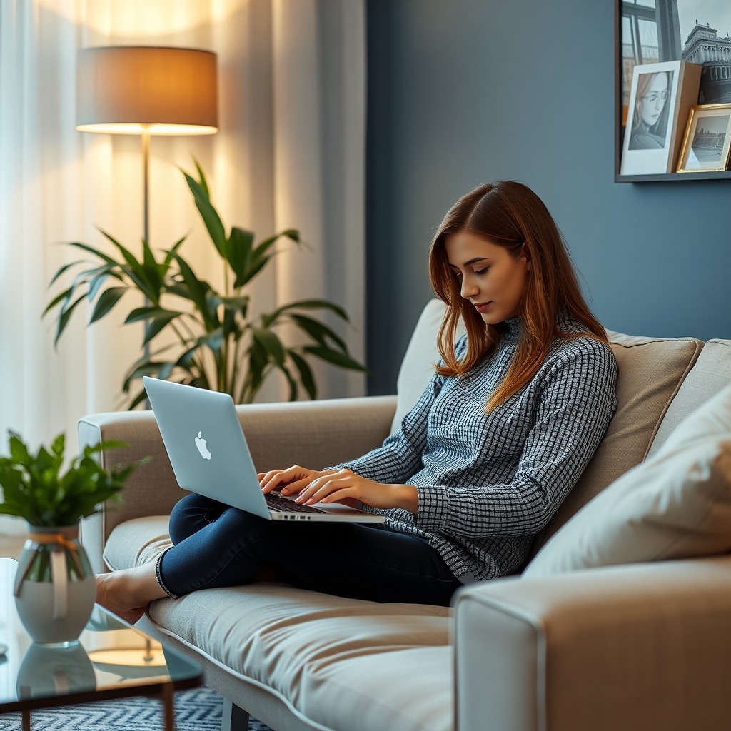Photo-realistic editorial photography, realistic scene representing a woman working remotely from living room sofa
