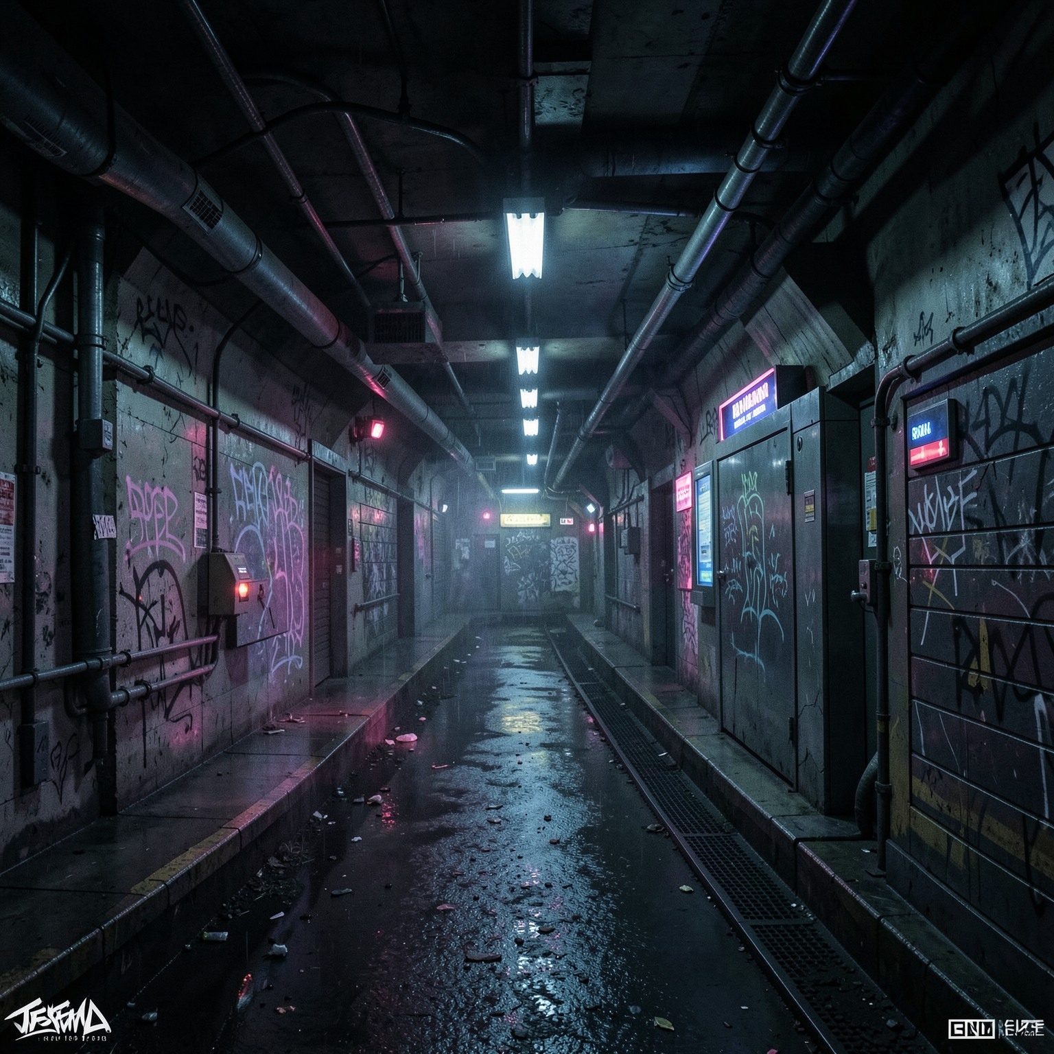 Cyberpunk underground subway station
