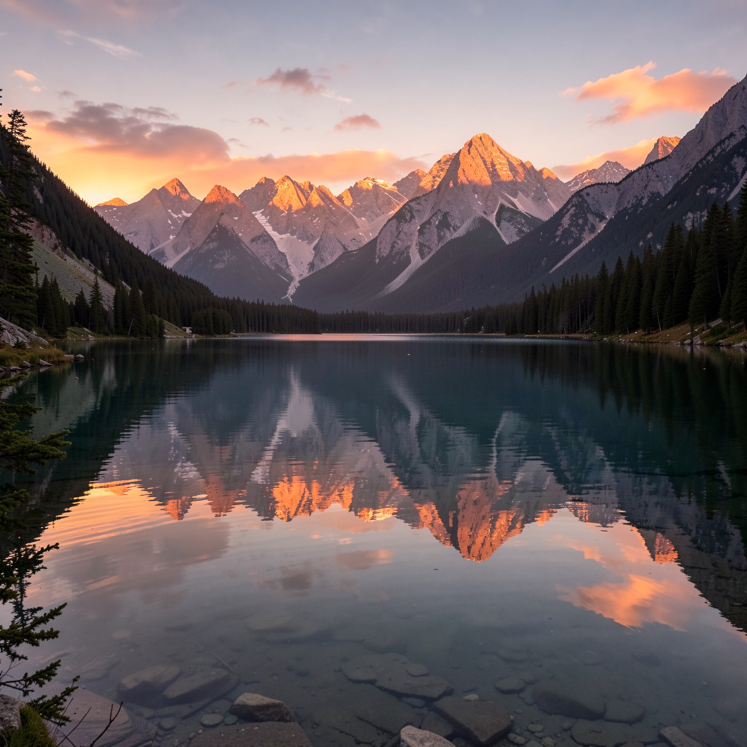 realistic mountain lake during sunrise reflection