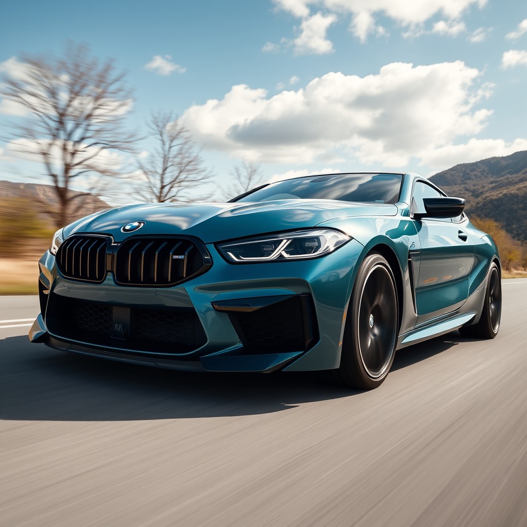 bmw car m8  on the road, photorealistic cinematic, wide angle, 24mm wide lens