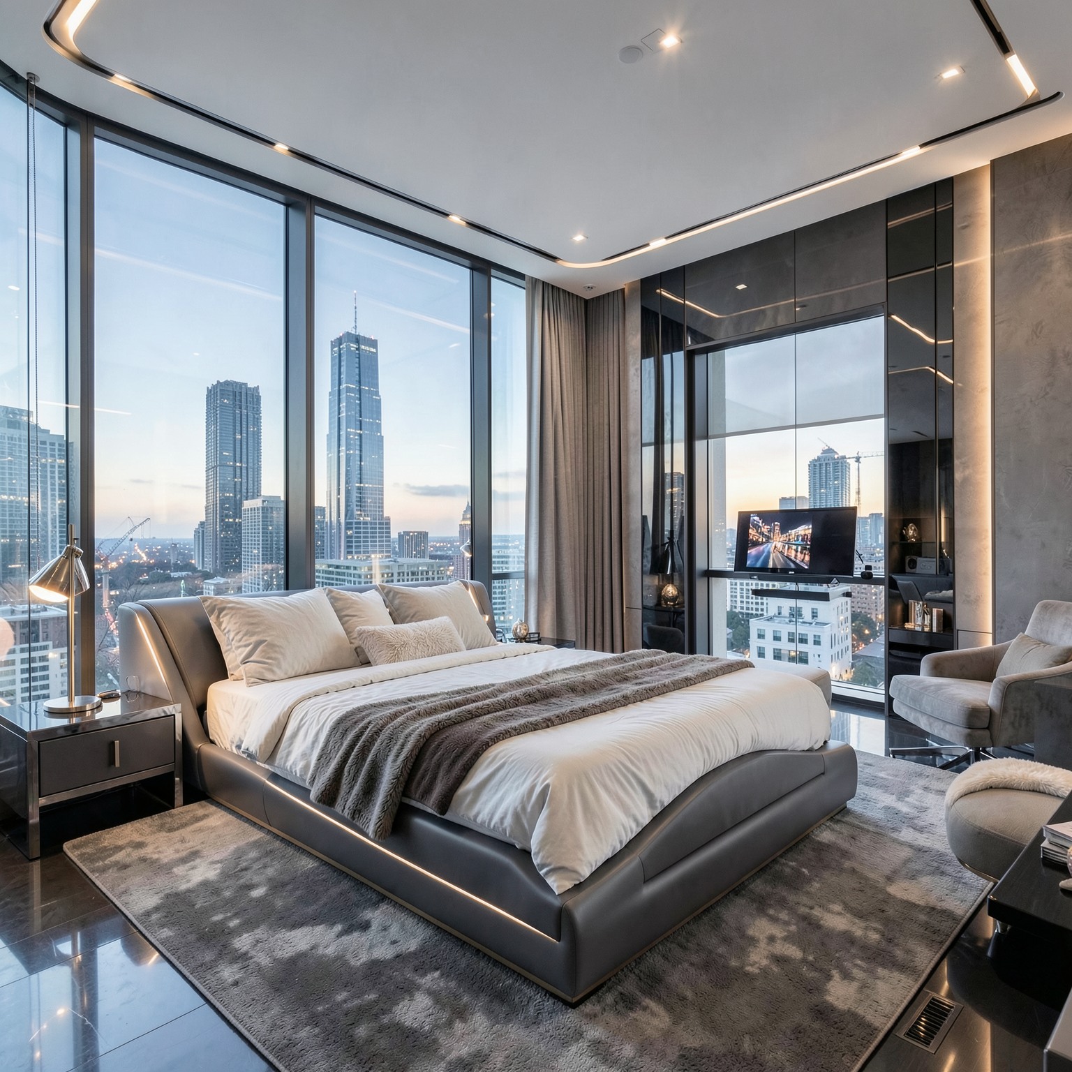 Luxury futuristic bedroom with panoramic city view