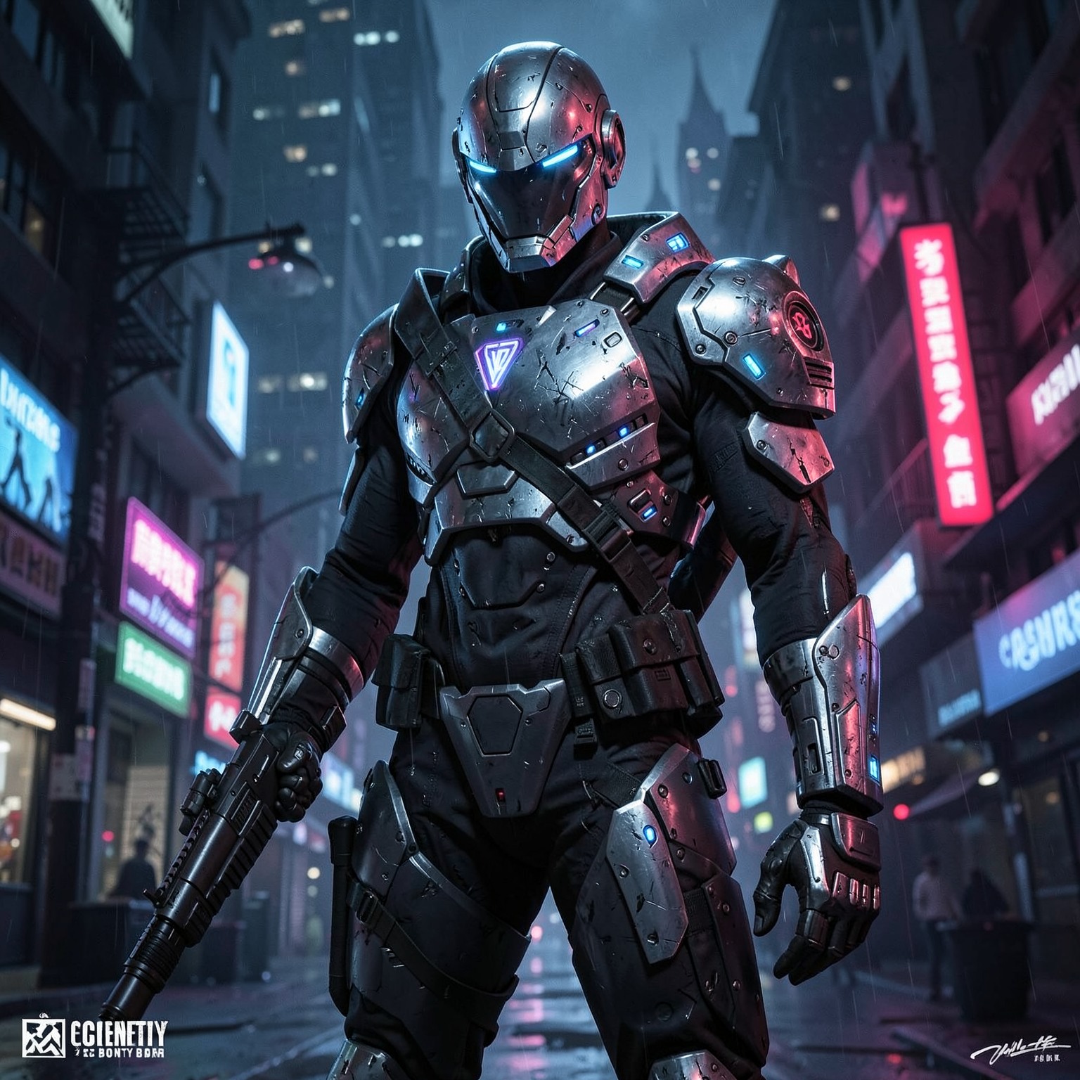 Cyberpunk bounty hunter with futuristic armor