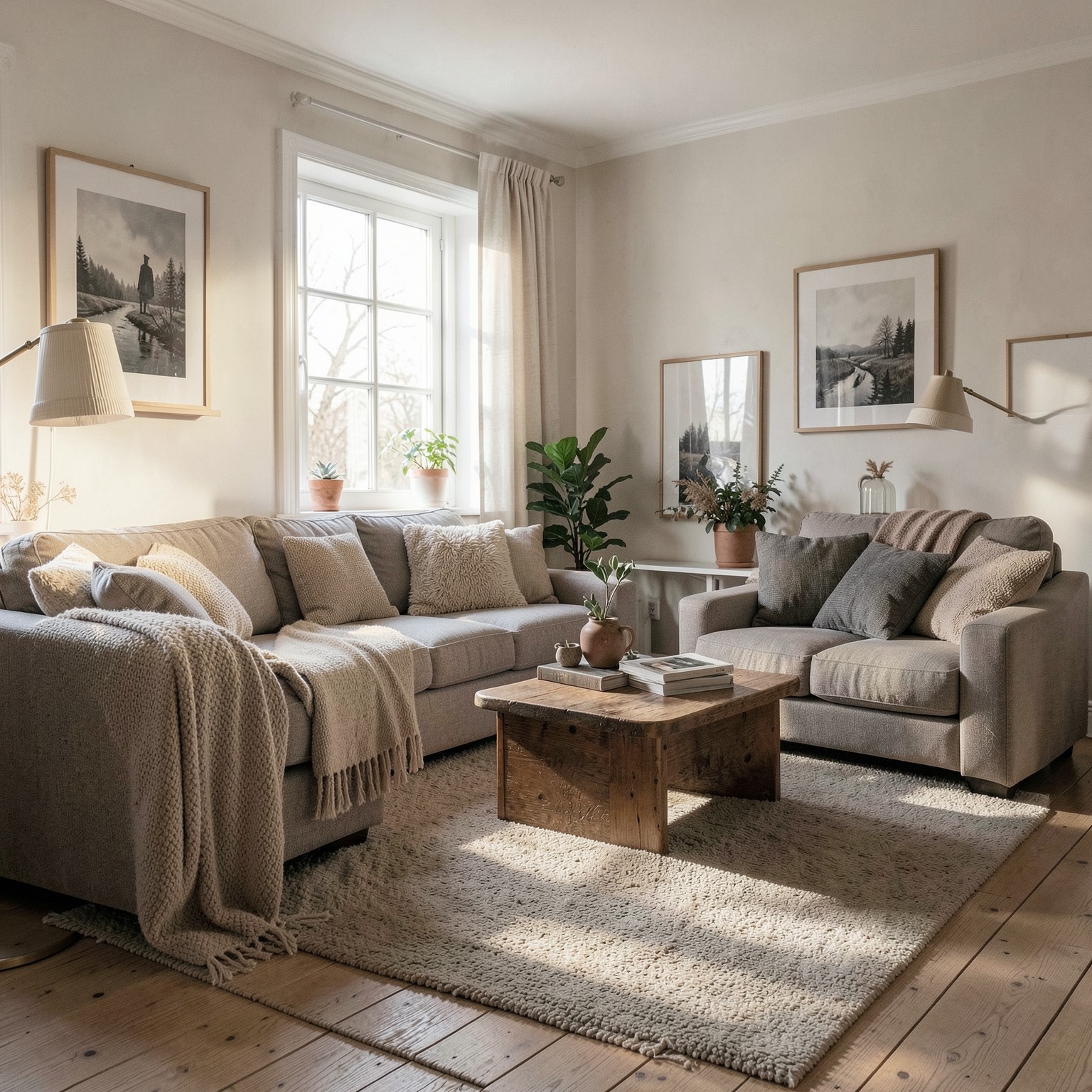 Scandinavian living room interior with soft natural light, cozy atmosphere, photorealistic