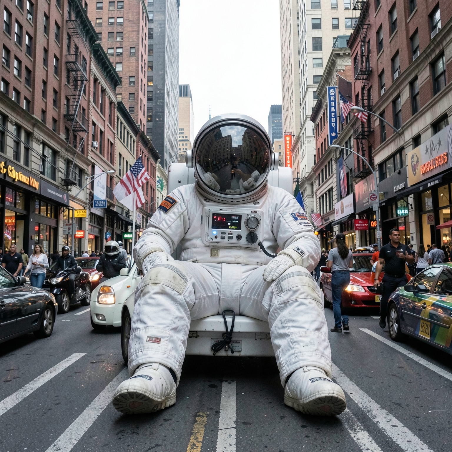 giant astronaut sitting in middle of busy city street