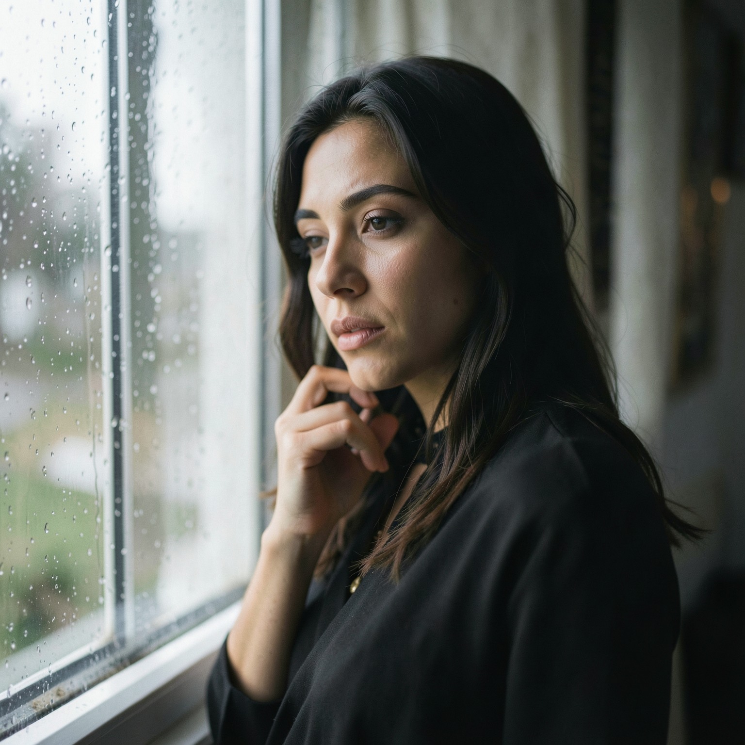 Soft cinematic portrait of woman by rainy window, emotional mood, shallow depth of field