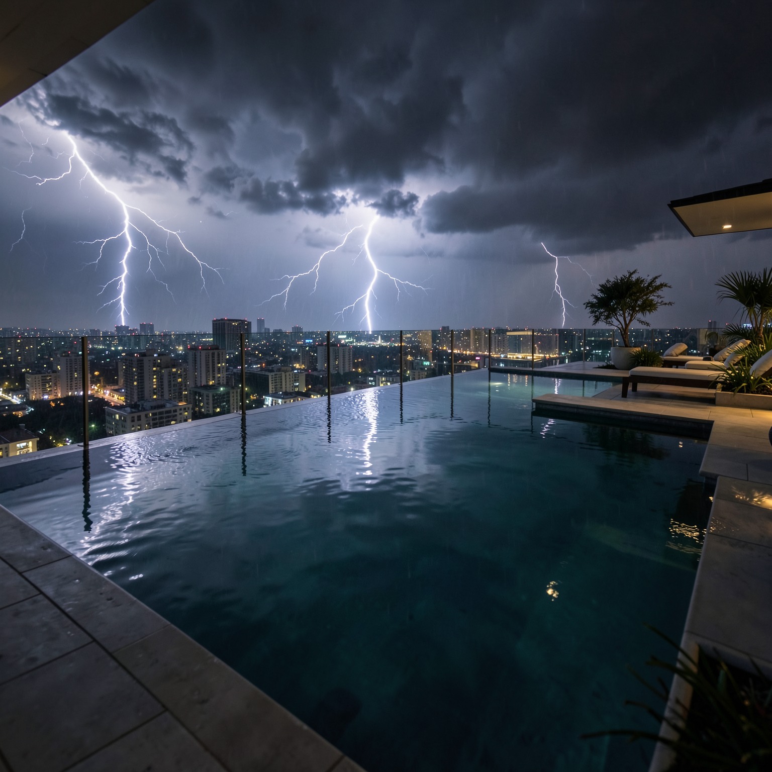Luxury rooftop infinity pool during thunderstorm, cinematic reflections