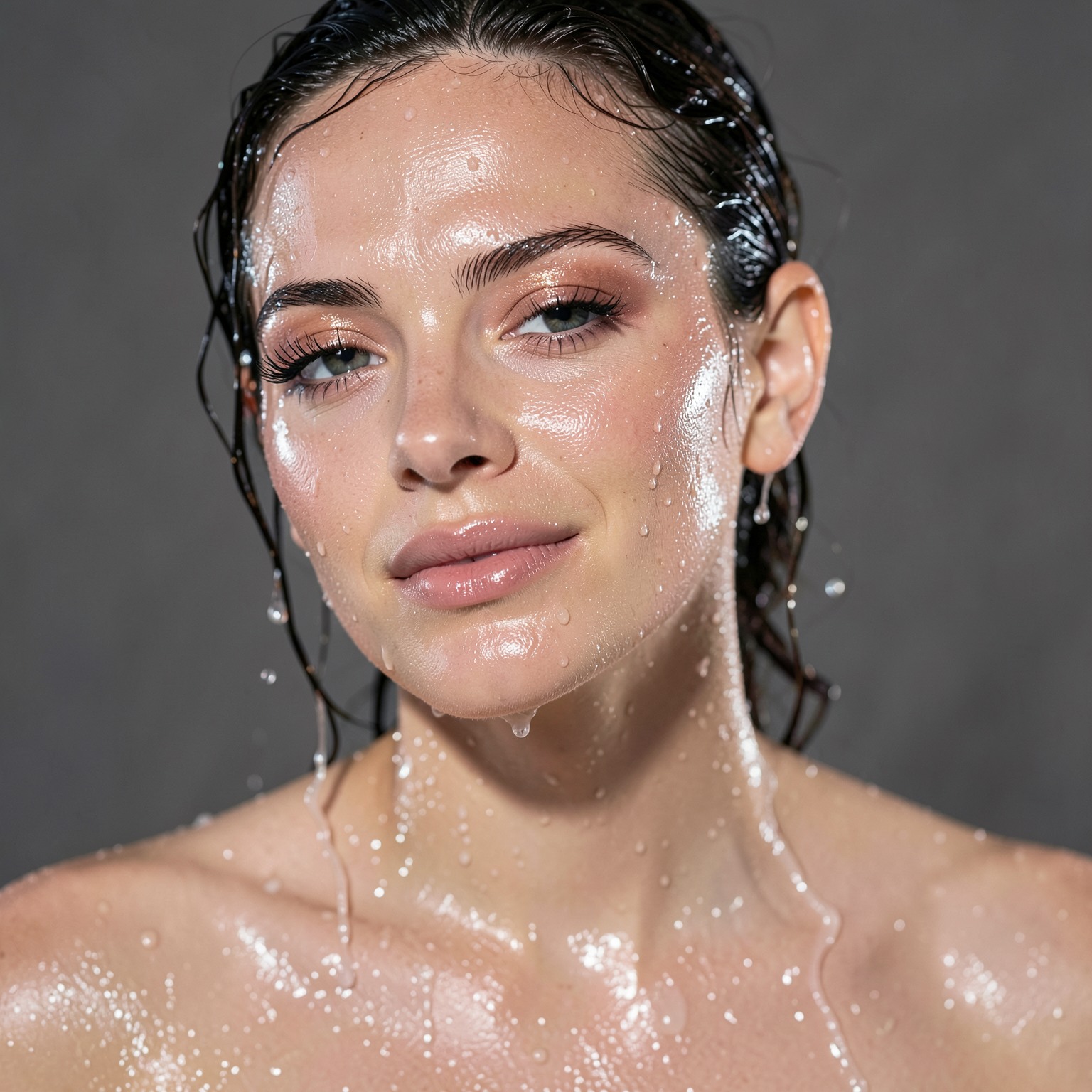 Editorial beauty shot of woman with wet skin and glowing highlights, ultra realistic