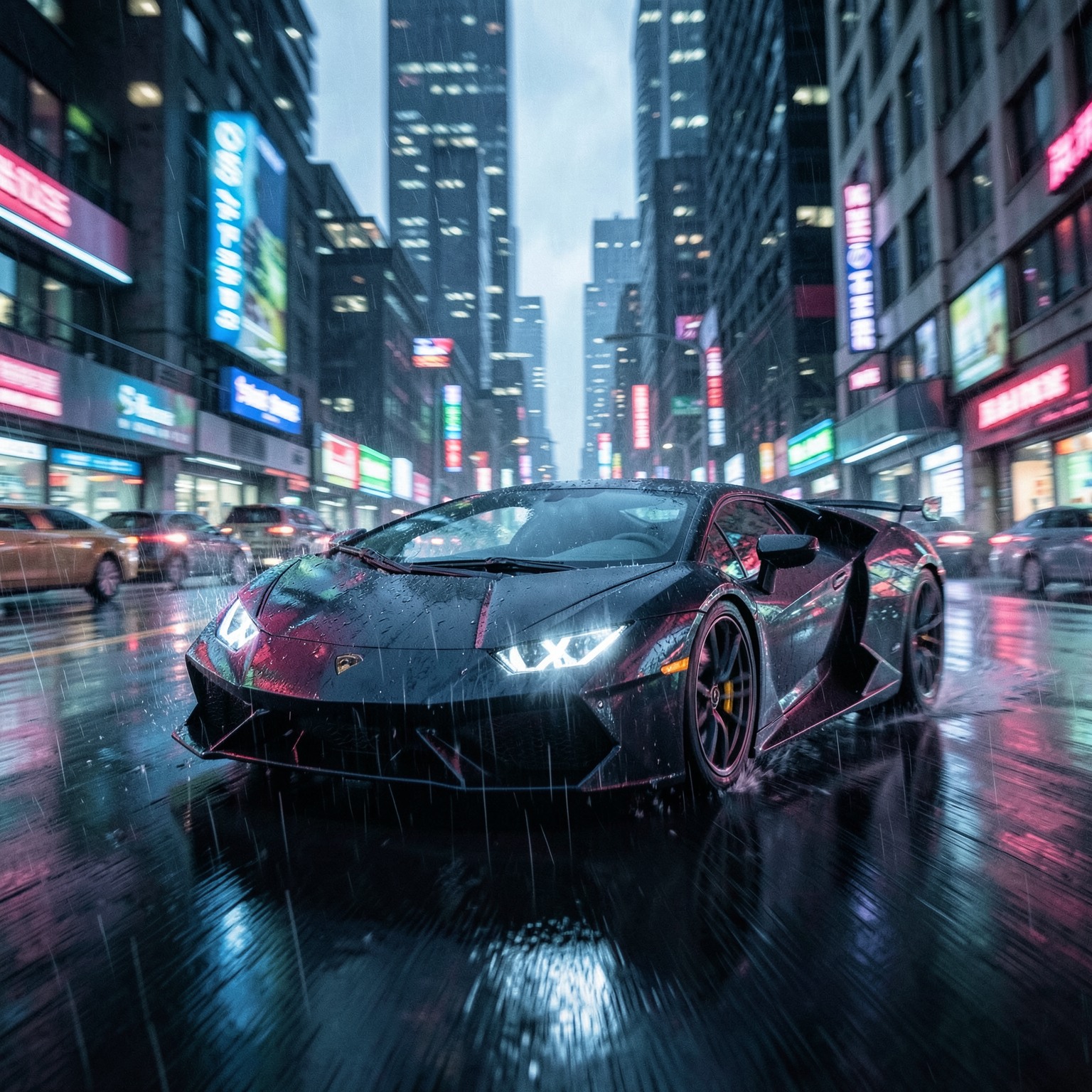 futuristic Lamborghini driving through cyberpunk city, motion blur, rain