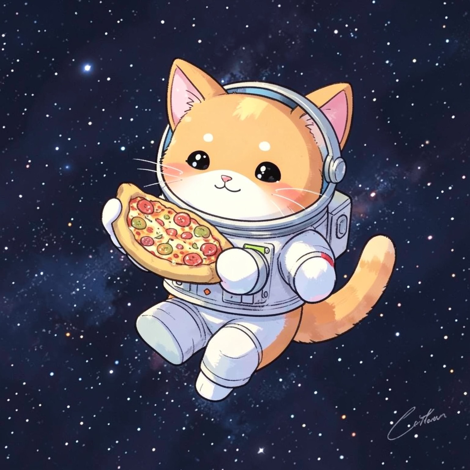 cute orange cat astronaut floating in space holding pizza