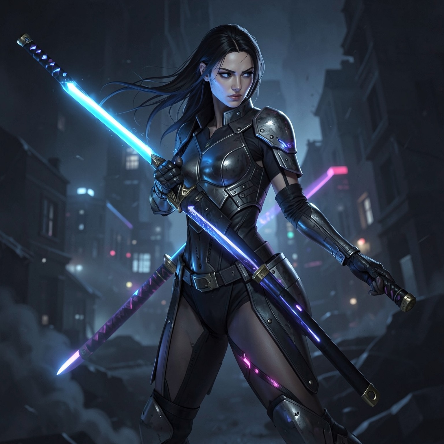 futuristic female assassin with glowing katana