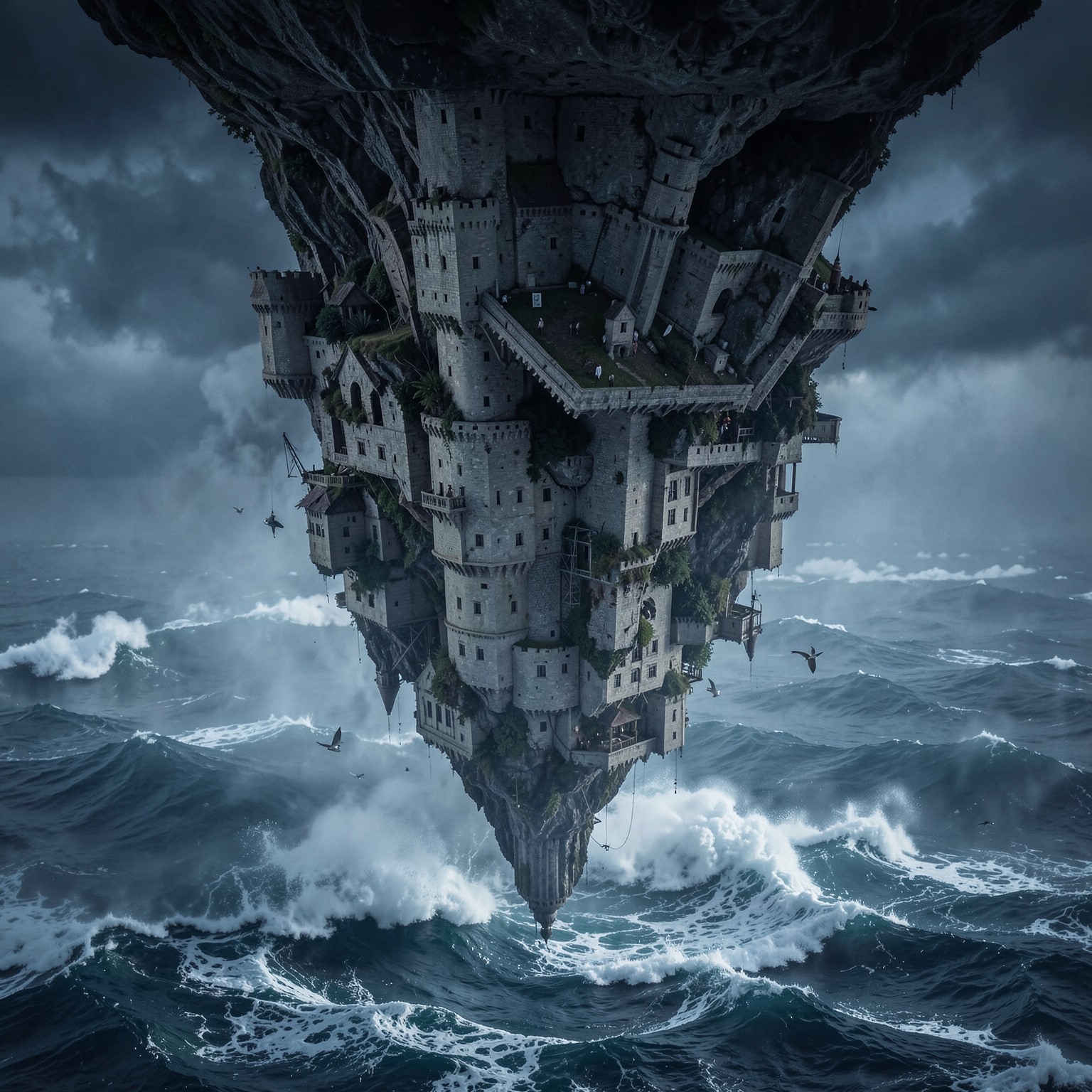 Massive castle floating upside down above ocean storm